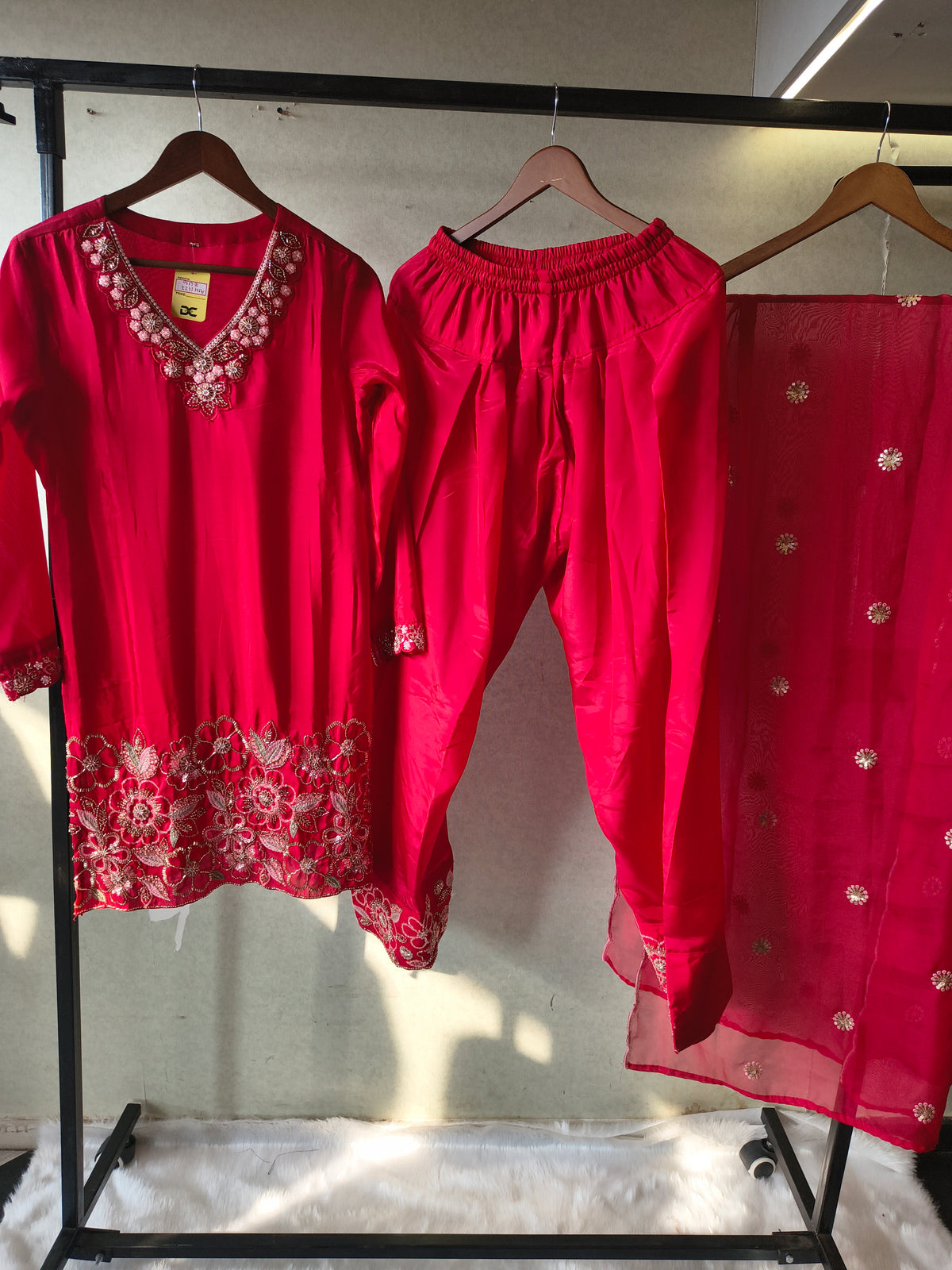 Ruby Red Embroidered Straight Kurta Set with Floral Thread Work, Designer Neckline & Embellished Dupatta – Premium 3 Piece Ethnic Ensemble