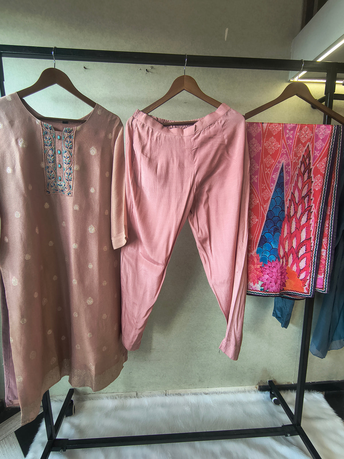 Premium Blush Pink Embroidered Straight Kurta with Cigarette Pants & Designer Printed Dupatta Set
