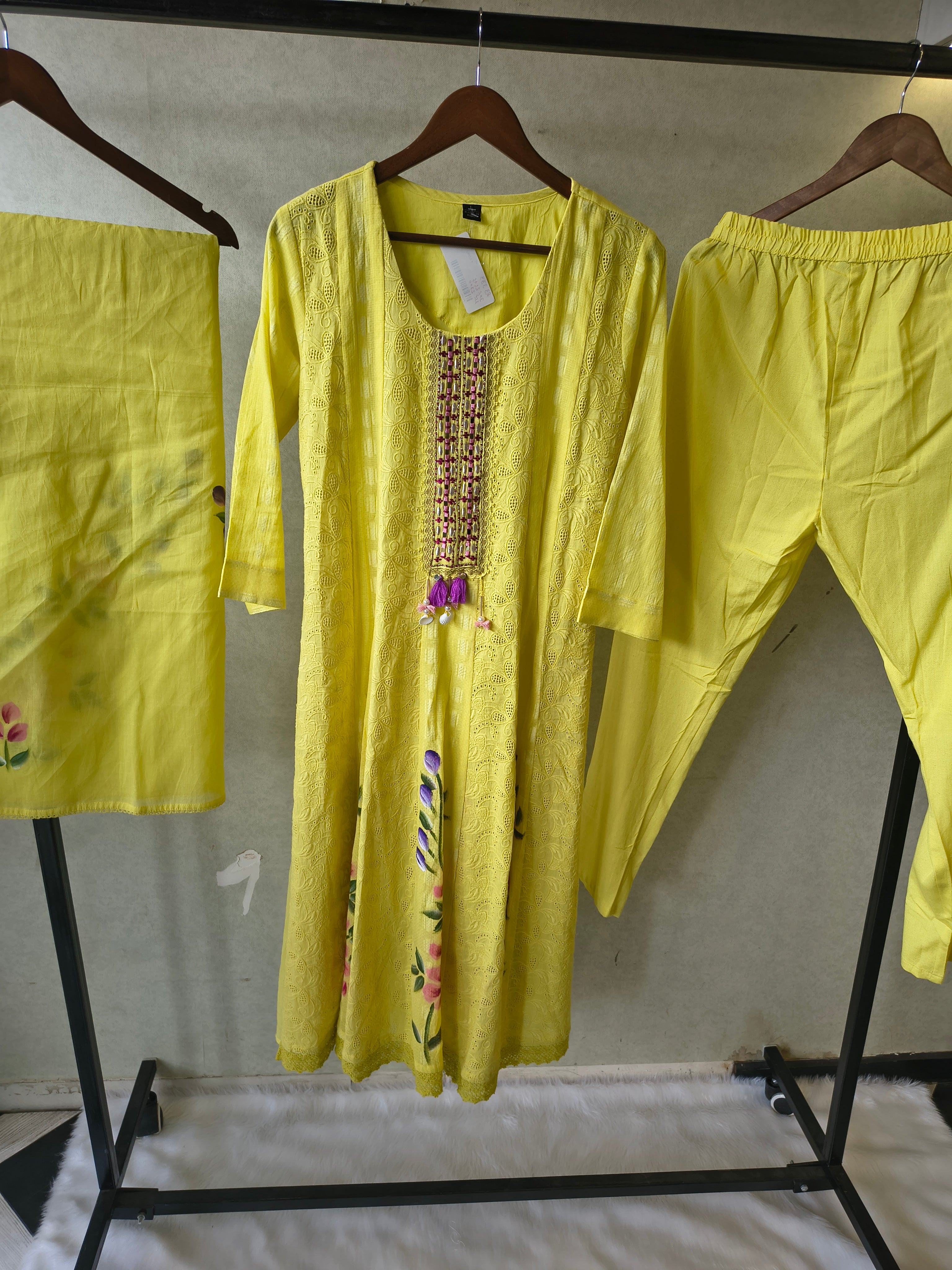 Image of Premium Sunshine Yellow Schiffli Embroidered Kurta Set with Floral Handwork & Dupatta