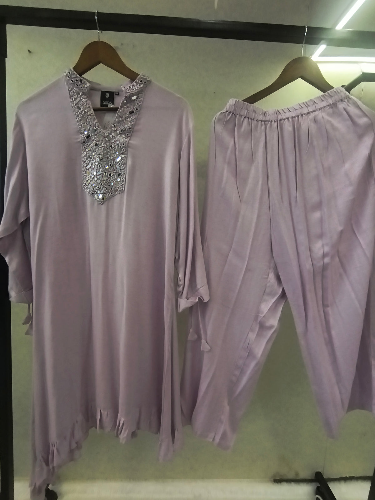 Premium Lilac Mirror Work Co-Ord Kurta Set with Designer Embellished Neckline