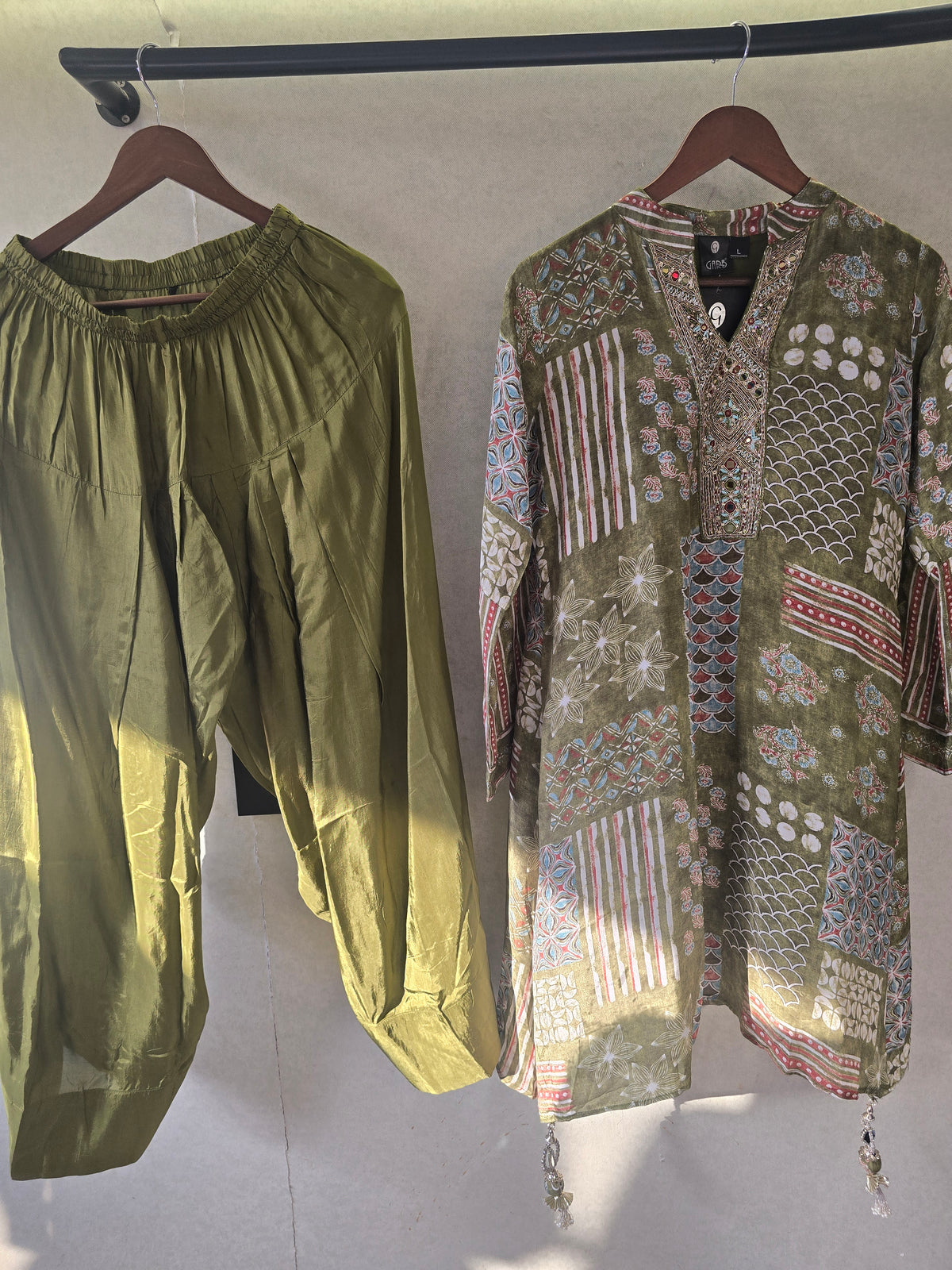 Olive Patchwork Print Embroidered Co-Ord Set