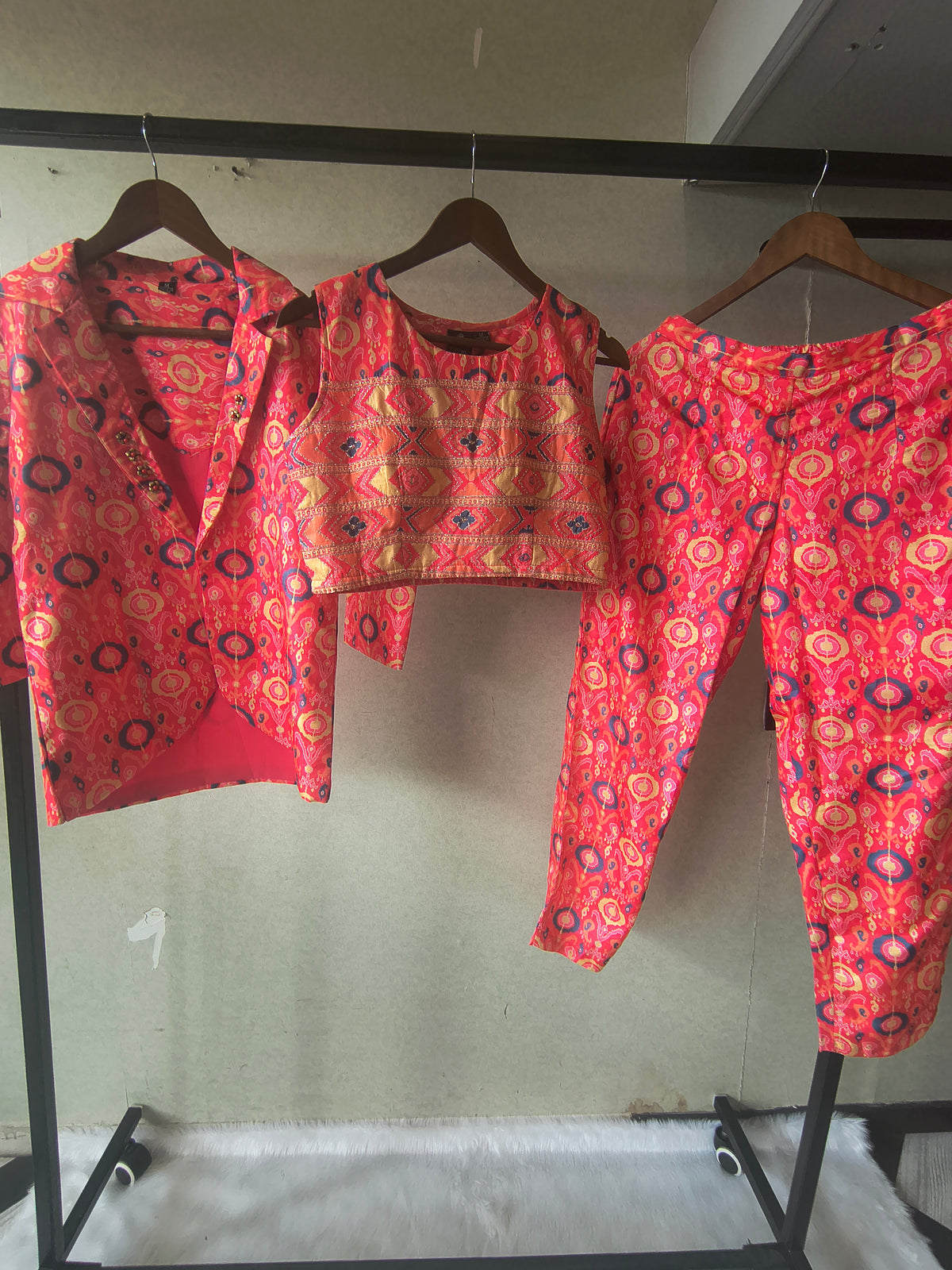 Premium Indo-Western Printed Co-ord Set with Embroidered Crop Top, Printed Shirt & Straight Pants