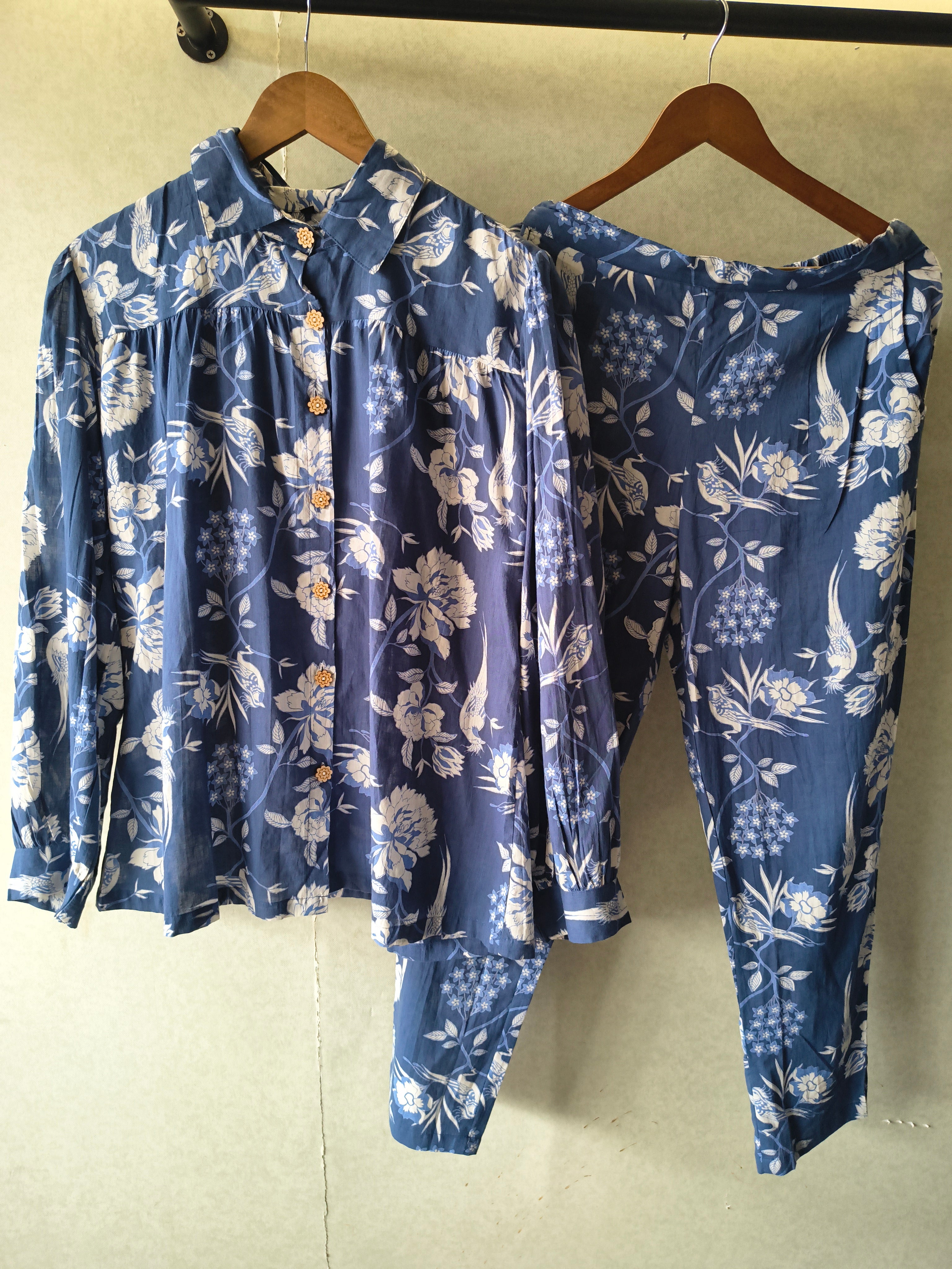 Image of Premium Blue Floral Bird Print Shirt Co-Ord Set
