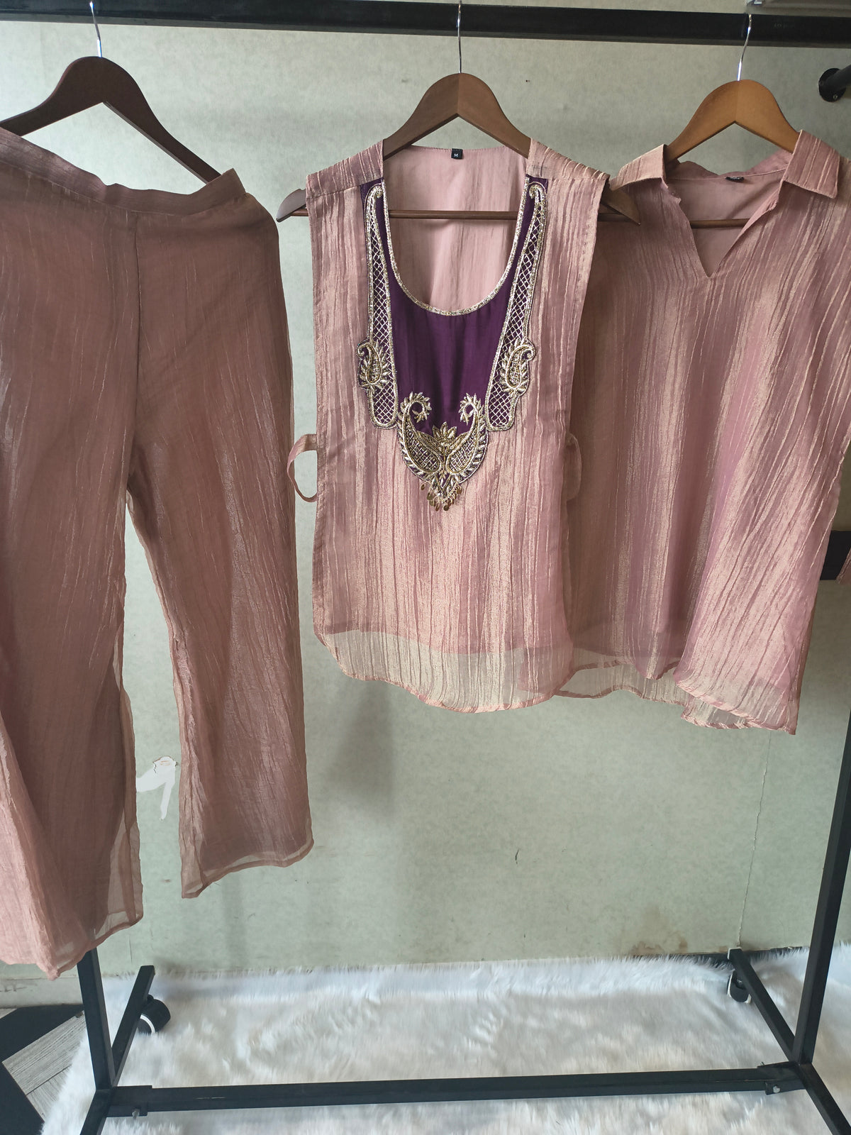 Premium Champagne Tissue Silk Embroidered Kurta with Hand Embellished Statement Yoke