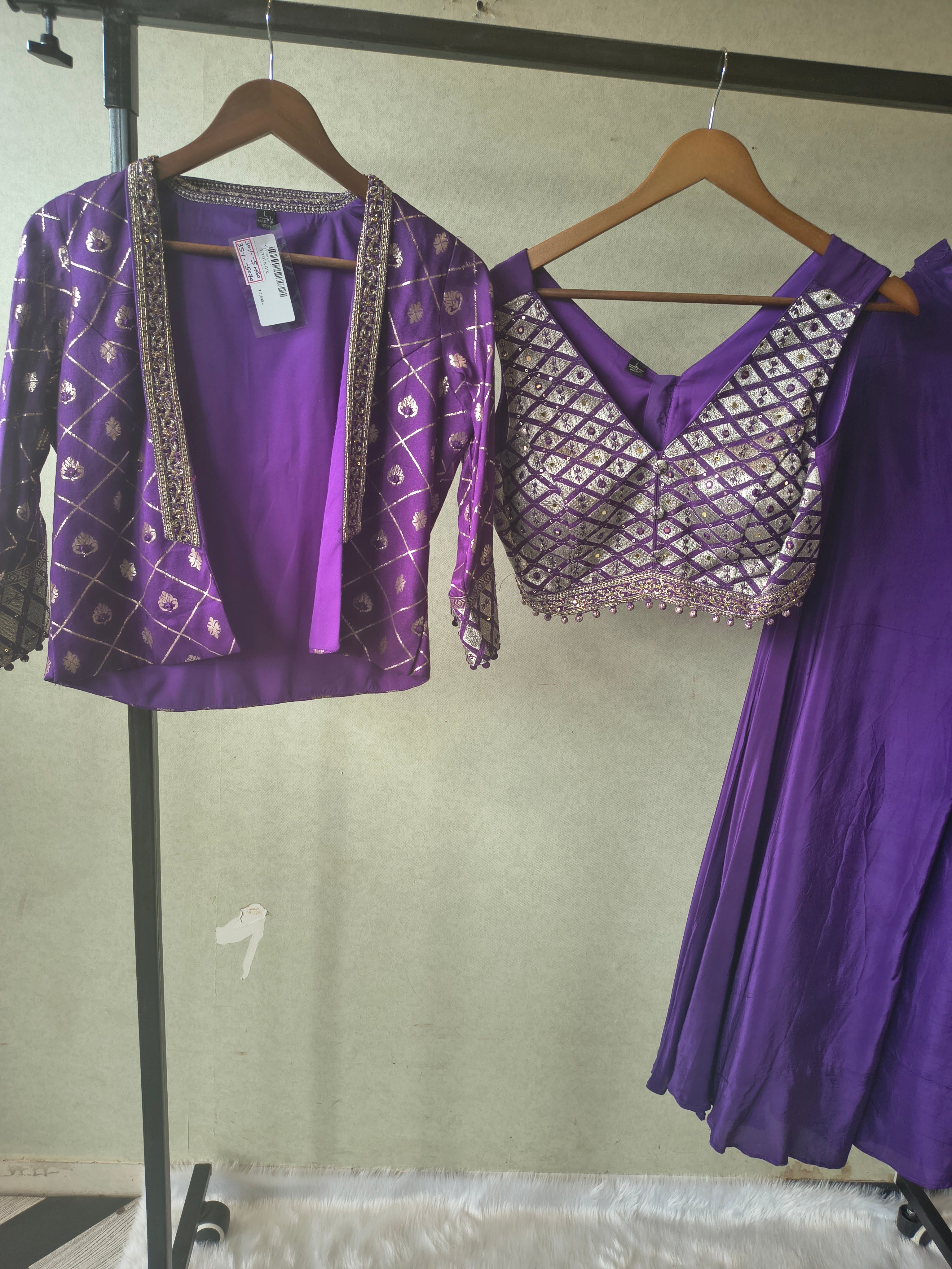 Image of Royal Purple Mirror Embellished Blouse with Printed Jacket & Flared Palazzo – 3 Piece Designer Indo-Western Set