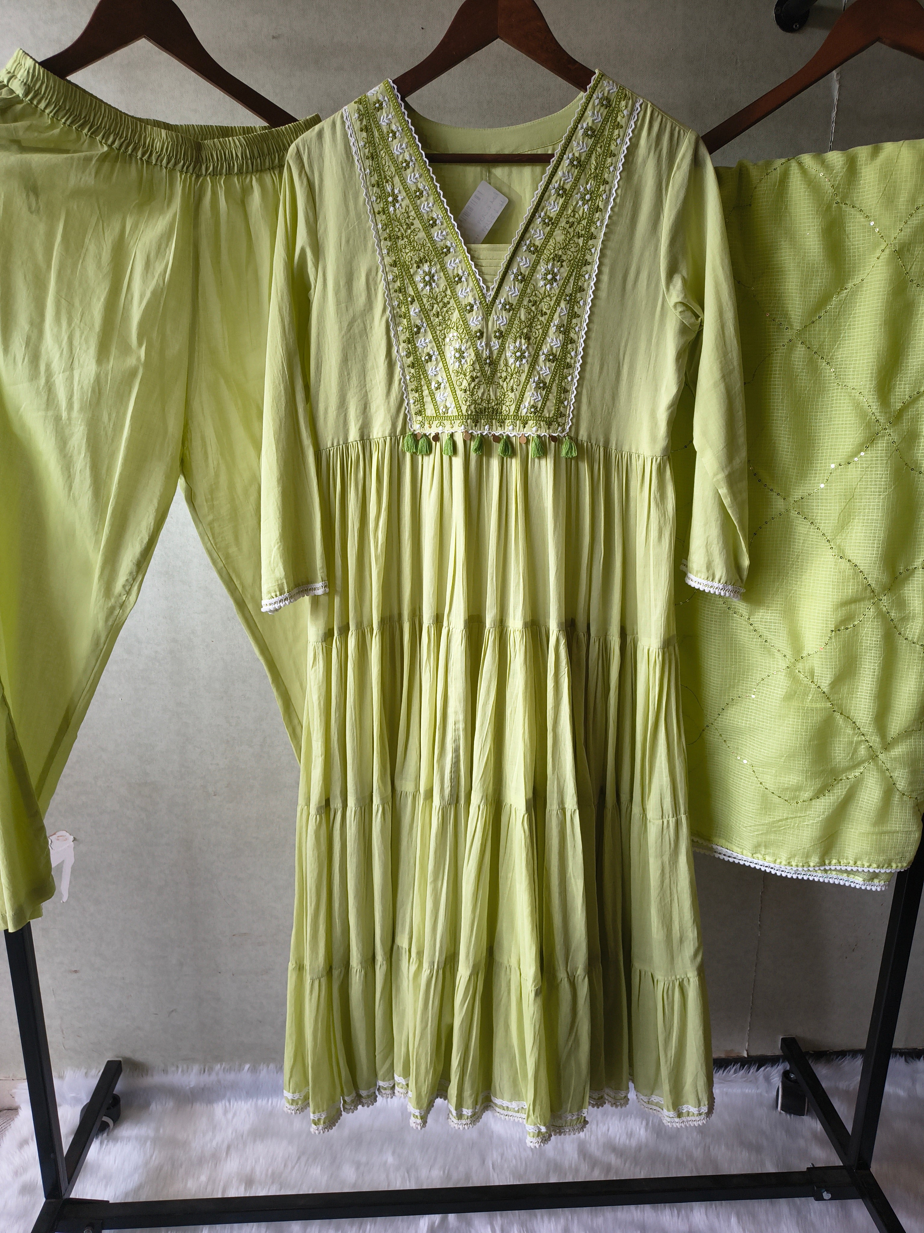 Image of Lime Green Cotton Tiered Kurta Set with Embroidered Yoke & Quilted Dupatta