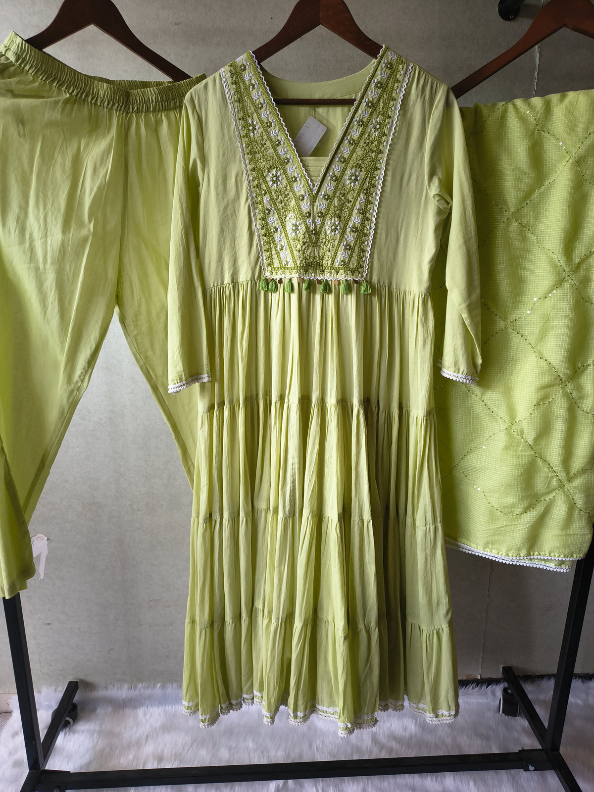 Lime Green Cotton Tiered Kurta Set with Embroidered Yoke & Quilted Dupatta