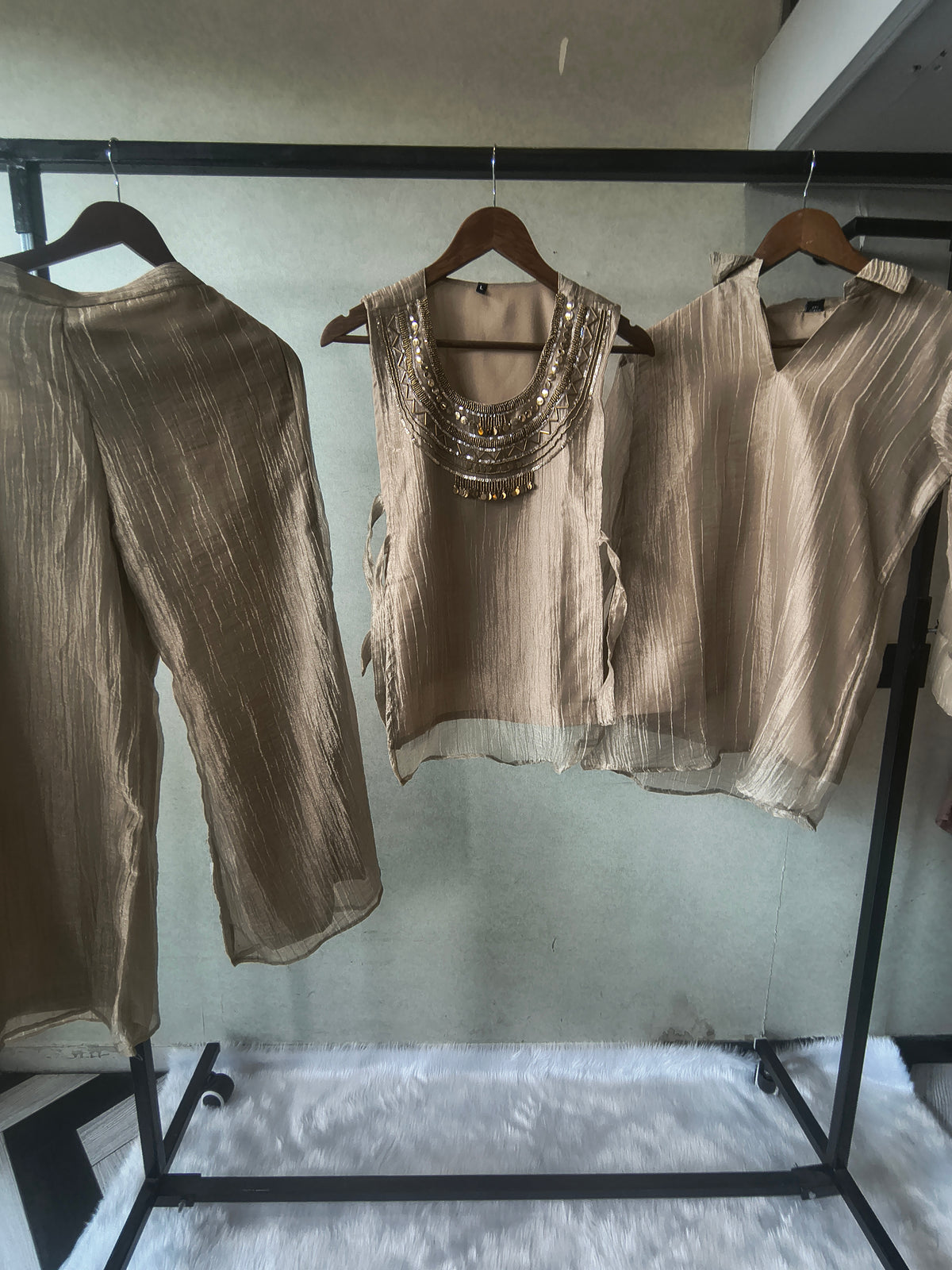 Premium Champagne Tissue Silk 3-Piece Co-Ord Set with Statement Hand Embellished Jacket, Inner & Palazzo