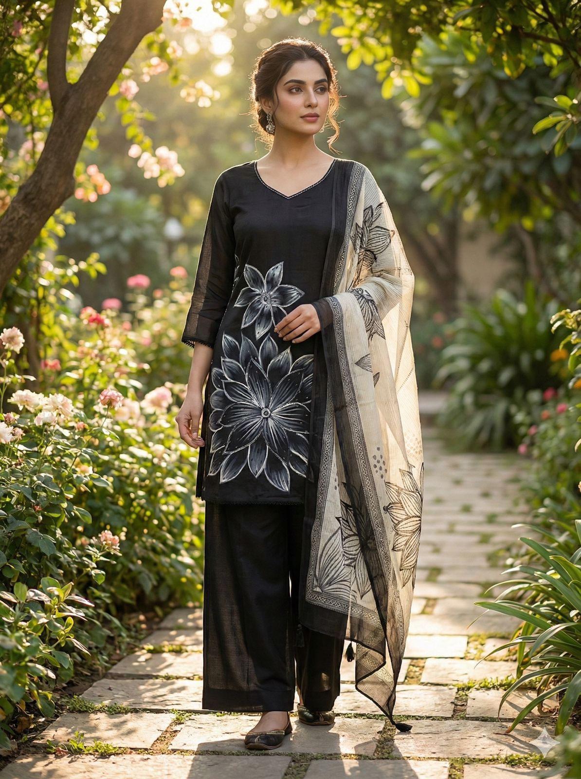 Pastel Pure Silk 3 Piece Kurti Set with Hand work