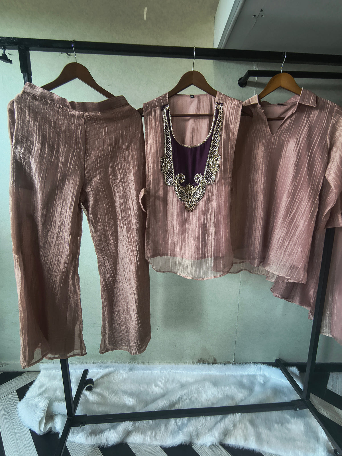 Premium Champagne Tissue Silk Embroidered Kurta with Hand Embellished Statement Yoke