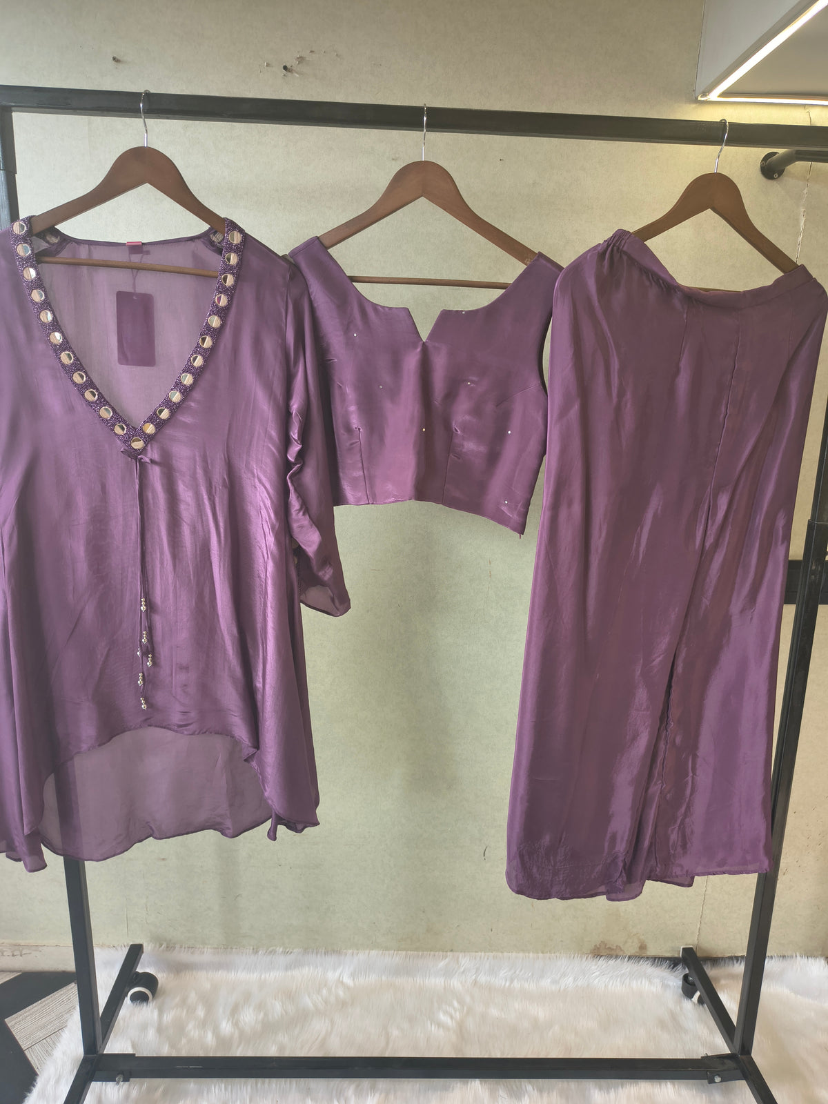 Royal Plum Embellished High-Low Tunic with Sleeveless Blouse & Wide-Leg Pants – 3 Piece Designer Indo-Western Set