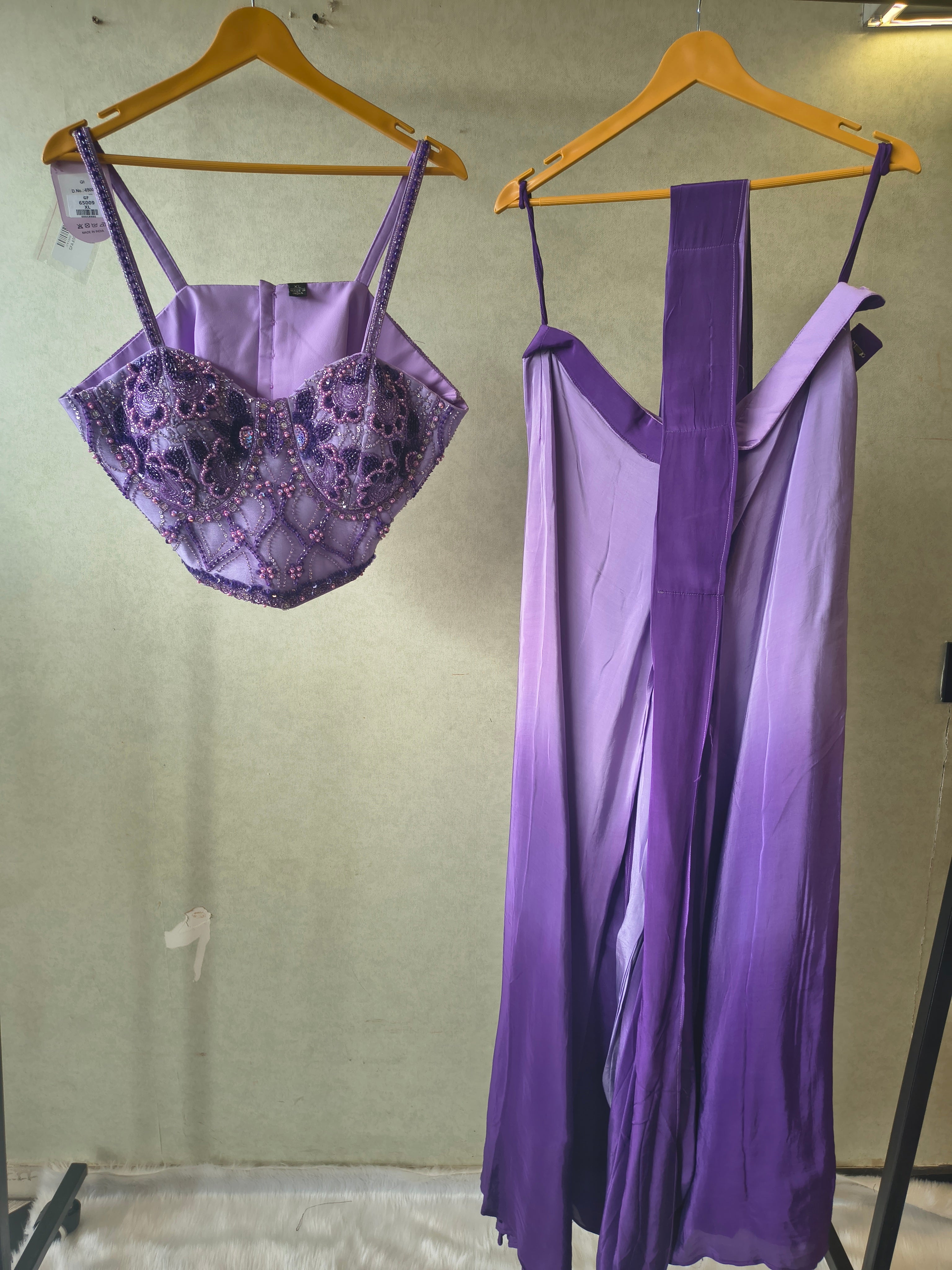 Image of Lavender Embellished Corset Blouse with Drape Palazzo – Designer Indo-Western Party Wear Co-Ord Set