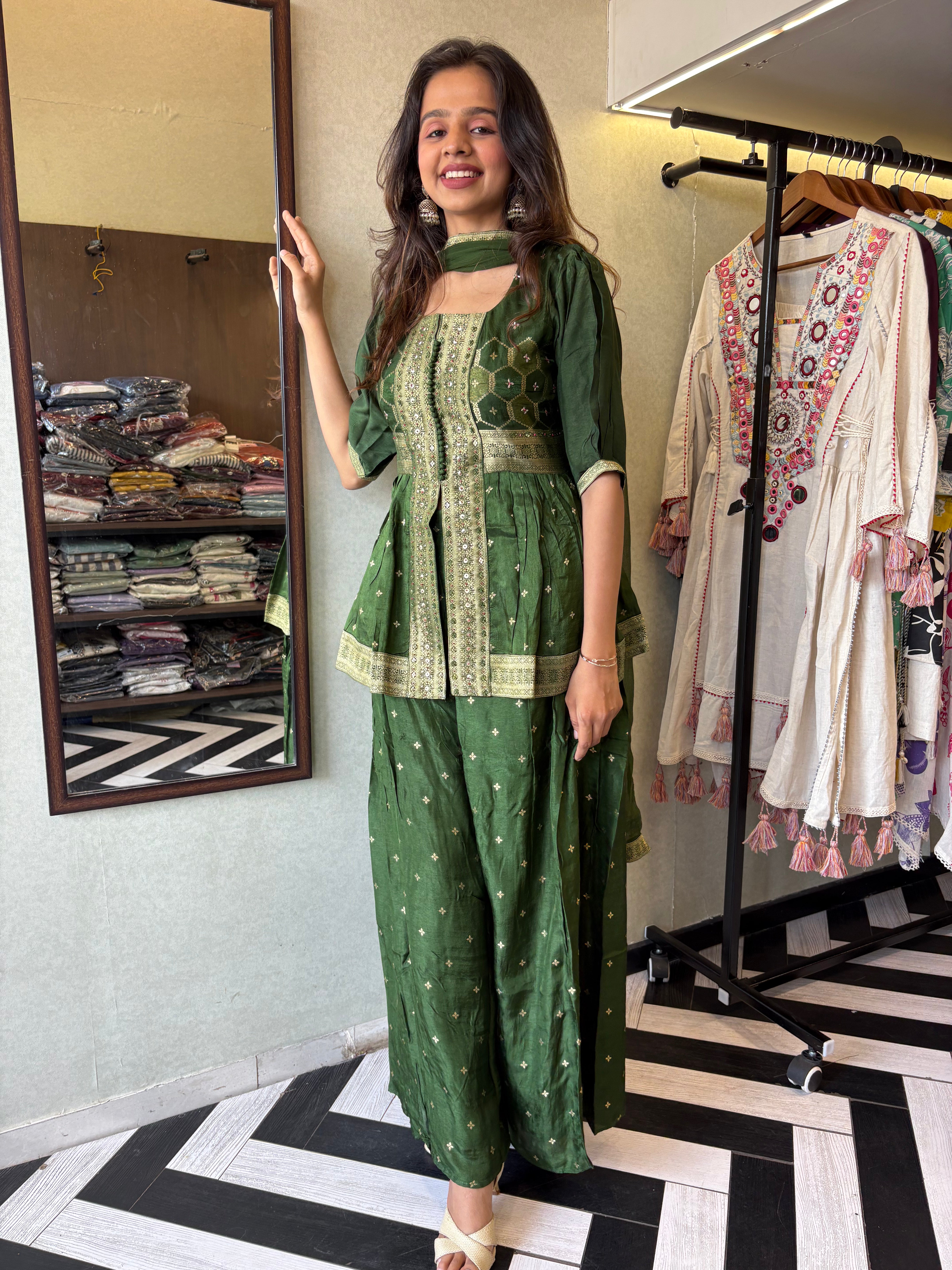 Image of our premium pure silk 3-piece Indo-Western set in stunning green! From dazzling mirror & handwork on the jacket-style top to the flowing plazzo and dupatta