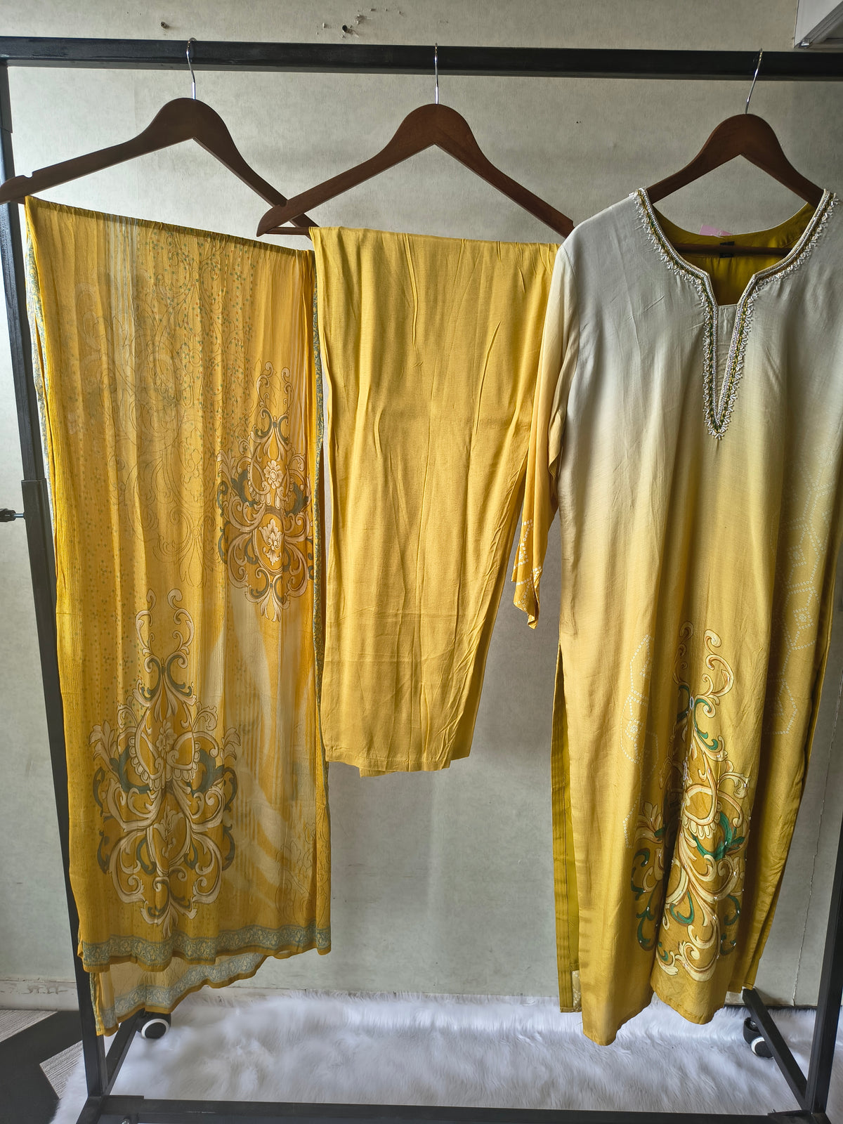 Premium Mustard Yellow Ornamental Print Straight Kurta Set with Designer Dupatta & Straight Pants