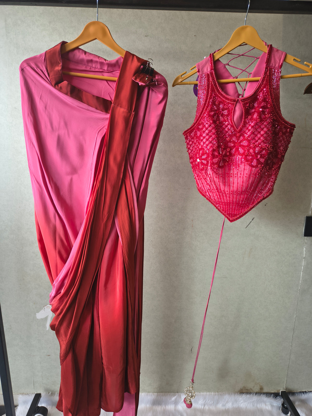 Premium Ombre Pink Pre-Draped Designer Saree with Heavy Hand Embroidered Corset Blouse