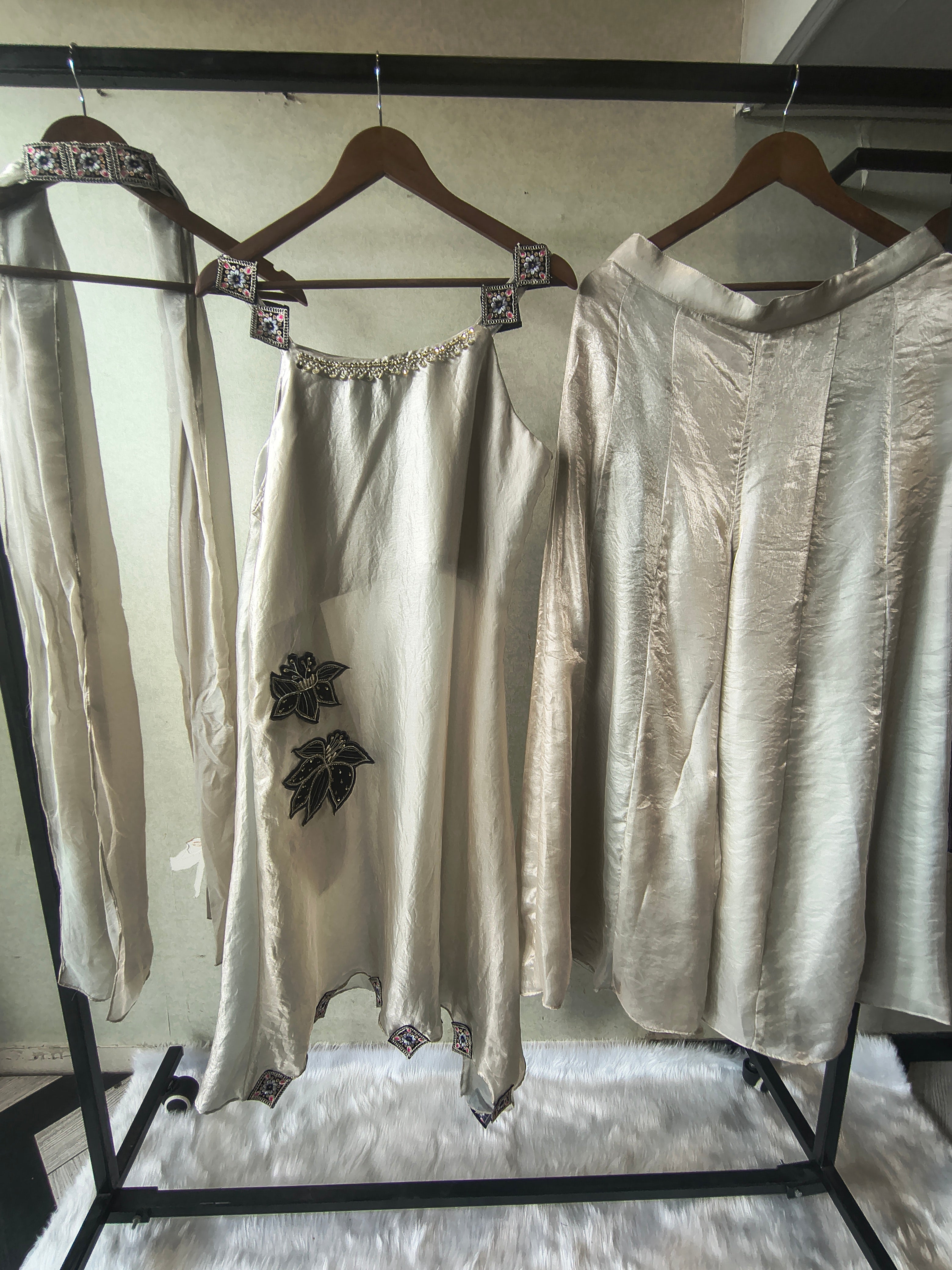 Image of Premium Ivory 3-Piece Designer Indo-Western Palazzo Set with Asymmetrical Embroidered Kurta & Statement Dupatta