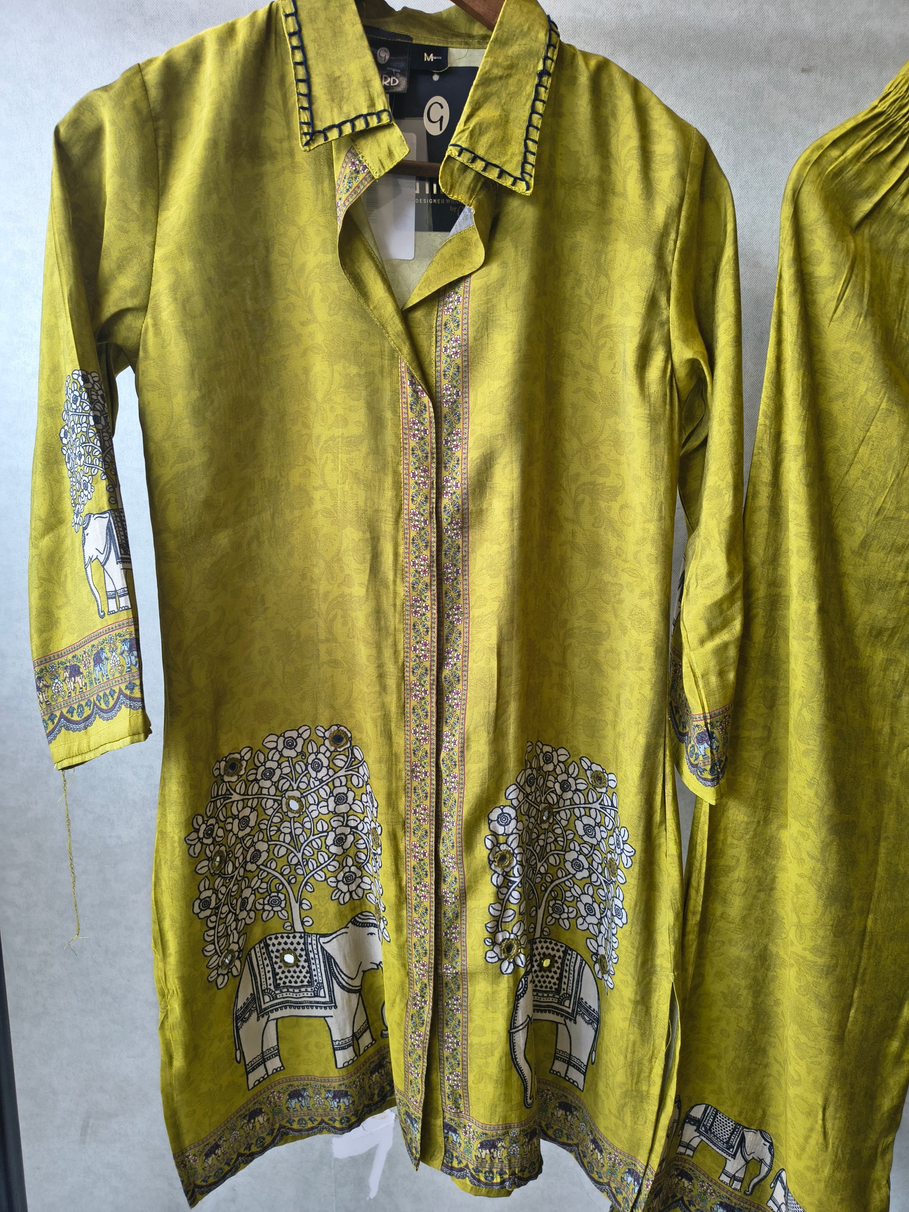 Image of Mustard Yellow Elephant Print Designer Co-Ord Set with Asymmetrical Hem