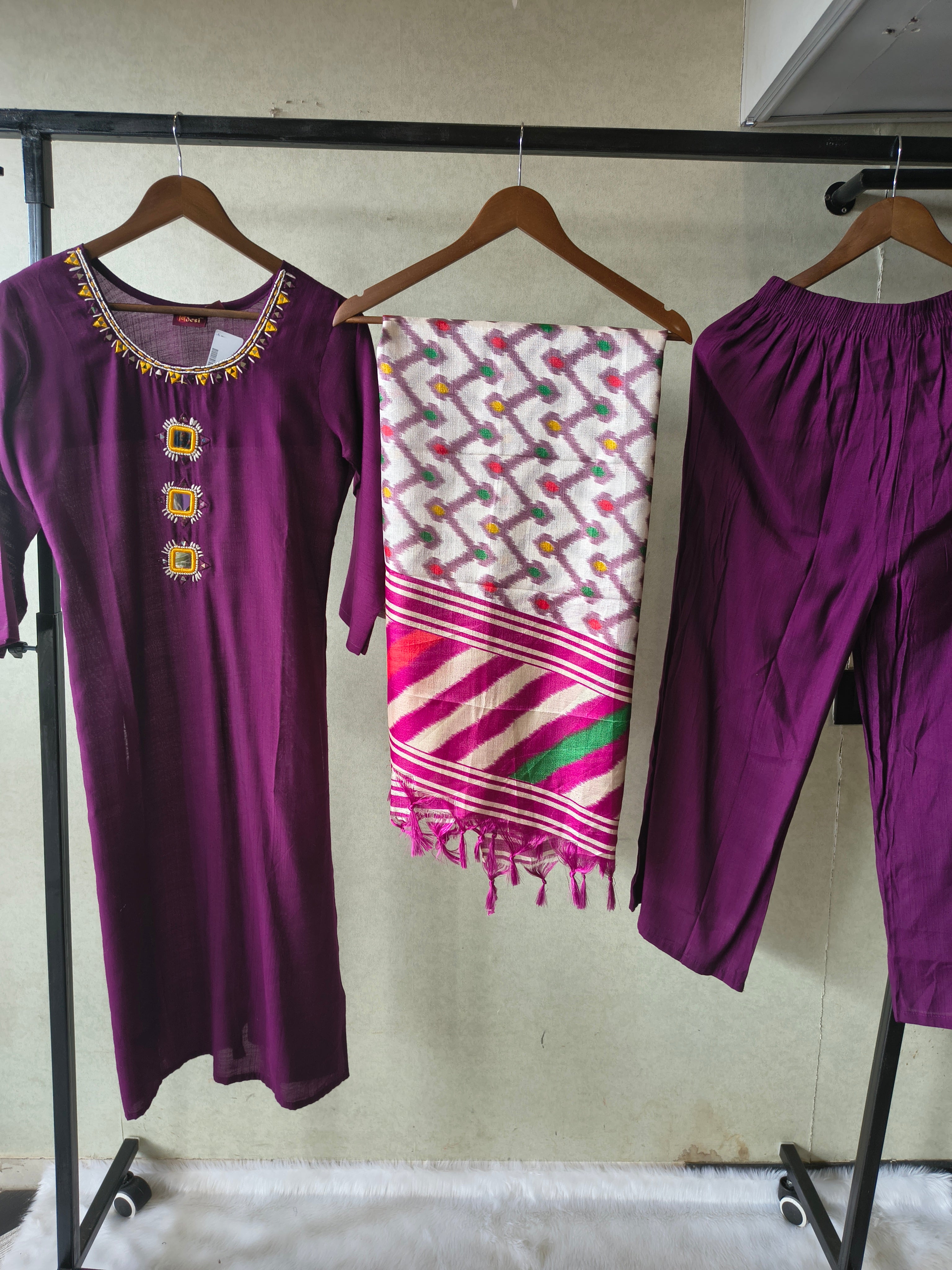 Image of Premium Royal Purple Straight Kurta Set with Mirror Work Neckline, Solid Pants & Ikat Printed Dupatta