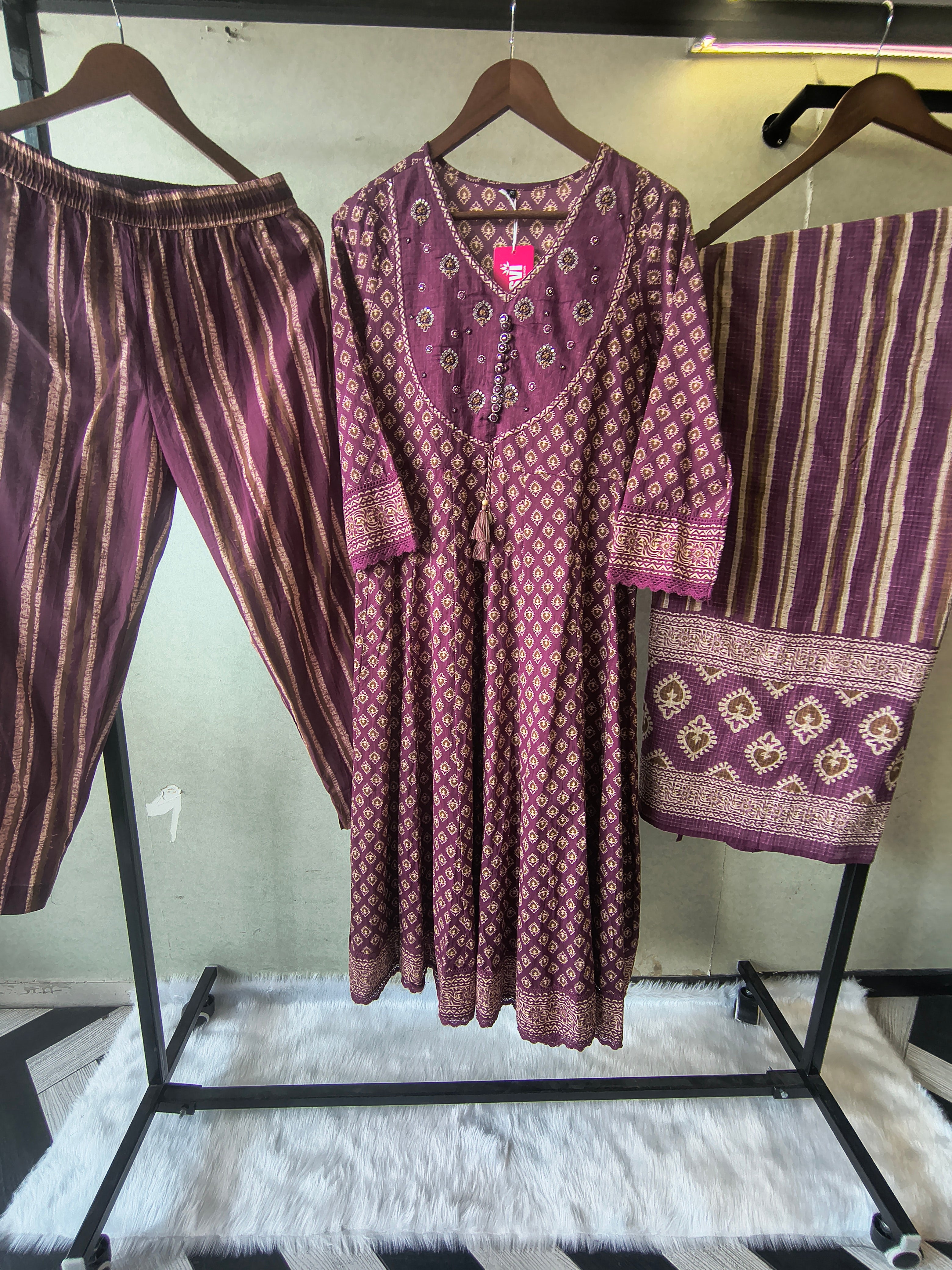 Image of Plum Printed Cotton Anarkali Suit Set with Striped Pants & Dupatta