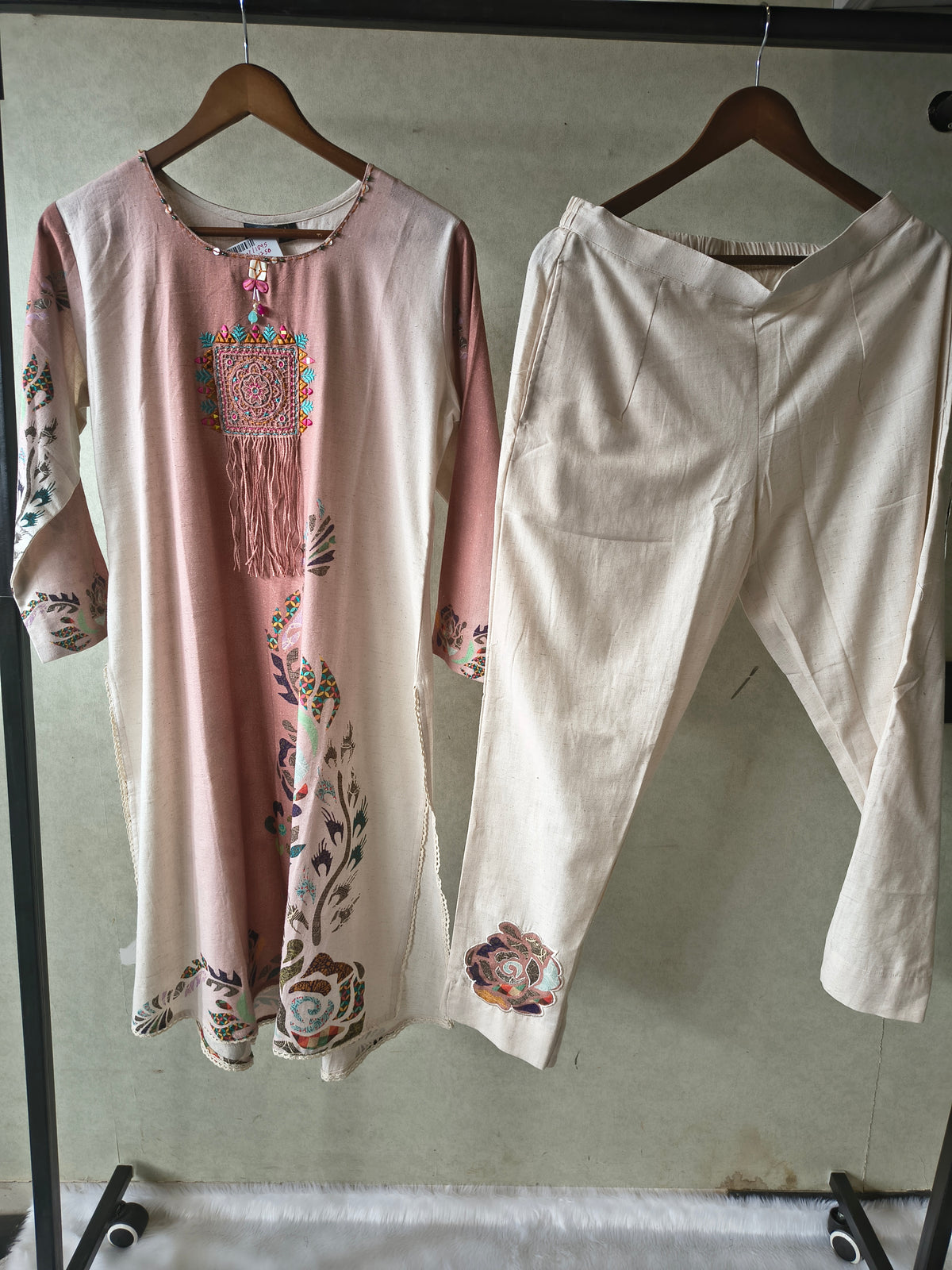 Premium Blush Pink Linen Blend Kurta Set with Handcrafted Embroidered Tassel Patch & Embroidered Pants