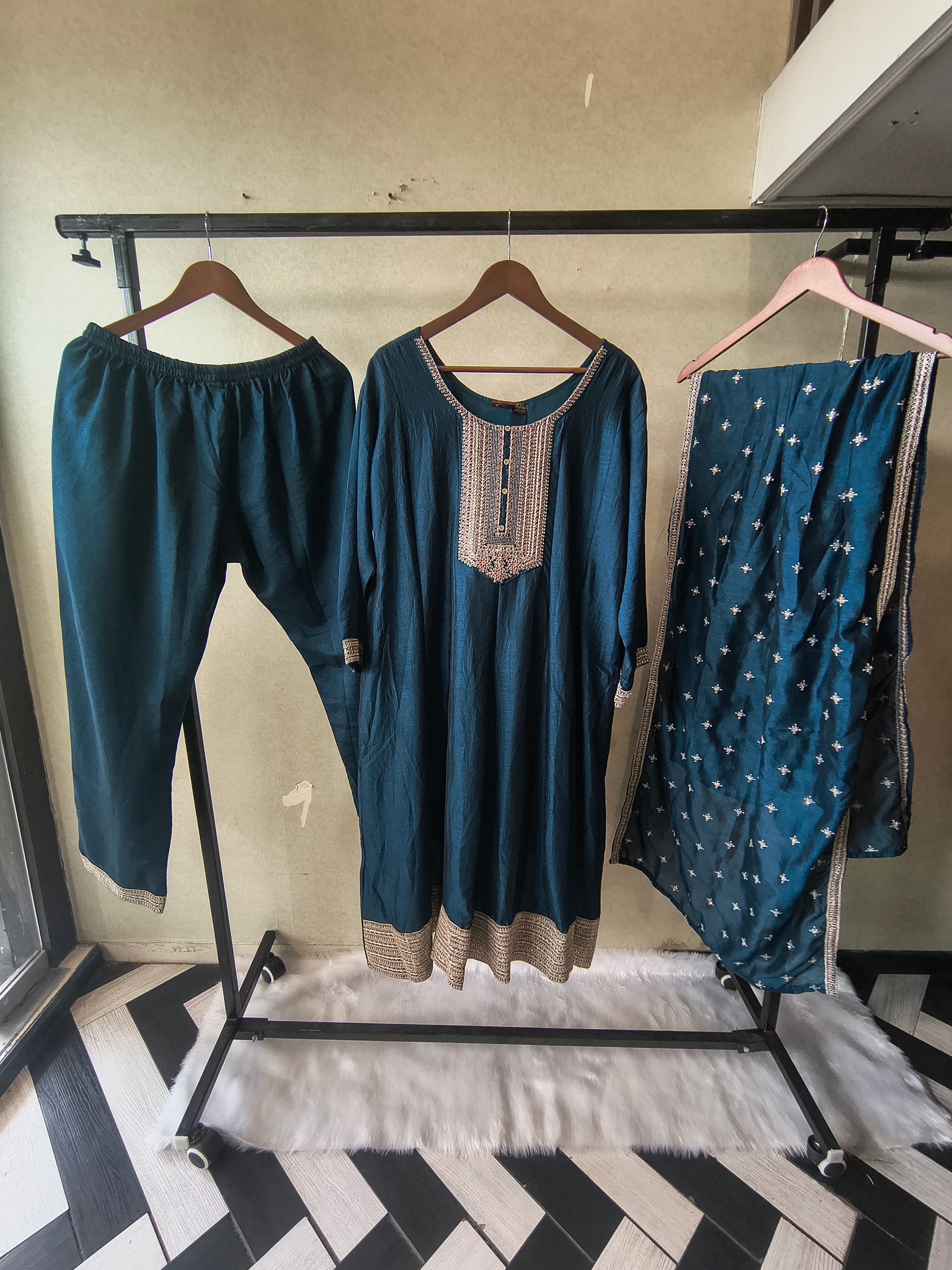 Image of Premium Teal Blue Embroidered Kurta Set with Dupatta