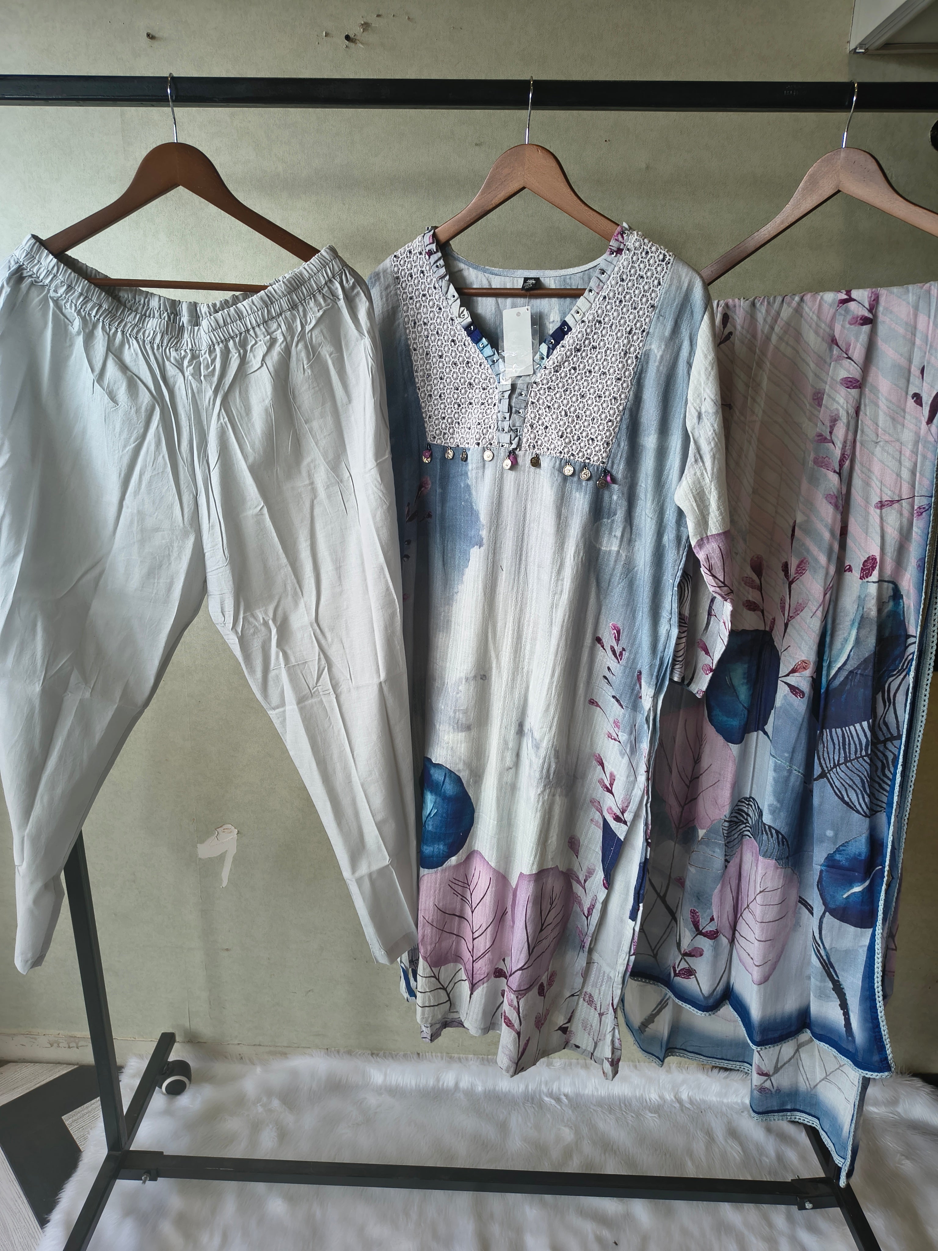 Image of Premium Ice Blue Floral Printed Straight Kurta Set with Crochet Yoke, Straight Pants & Designer Dupatta