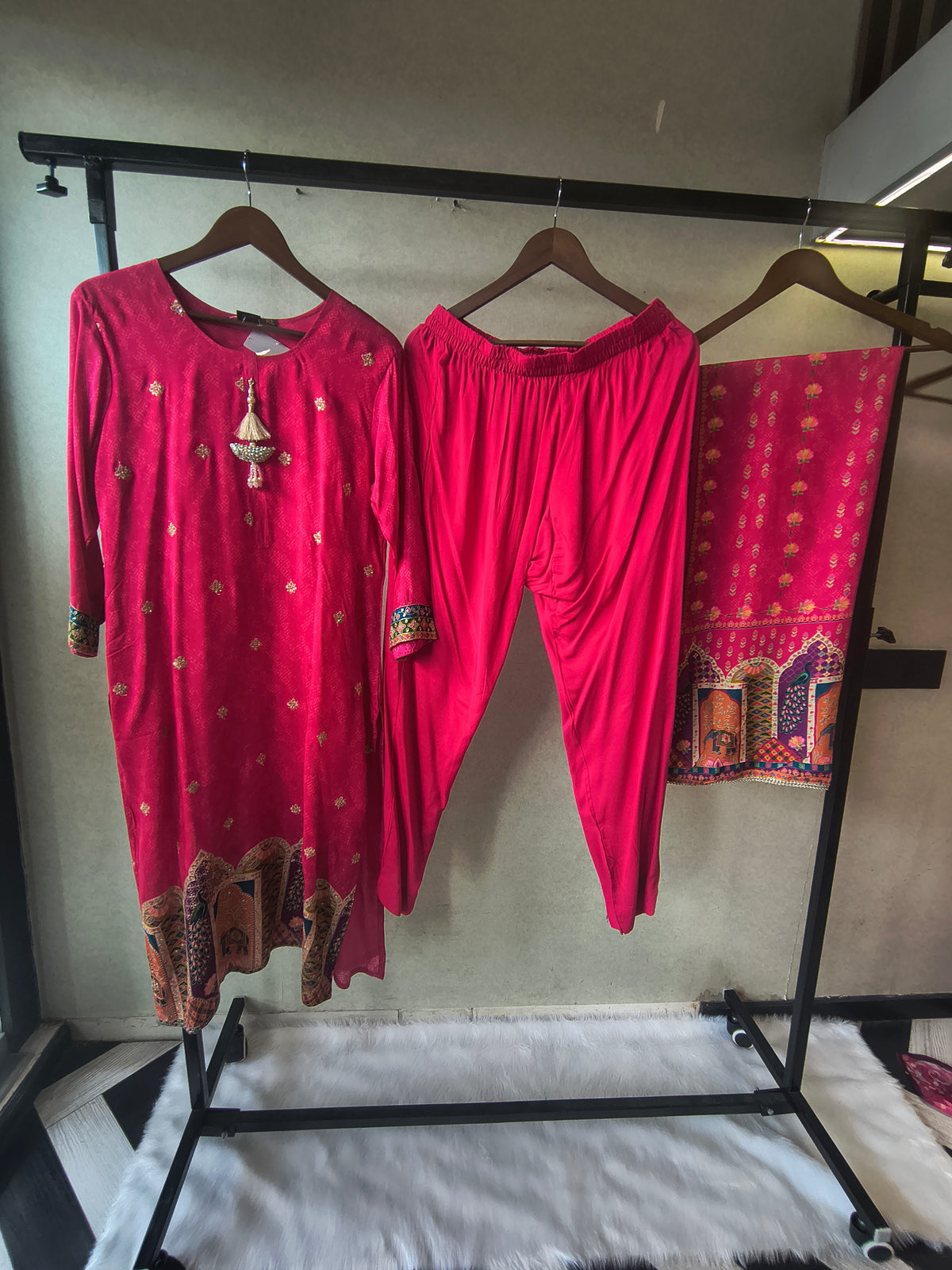 Premium Rani Pink Printed Straight Kurta with Cigarette Pants & Dupatta Set