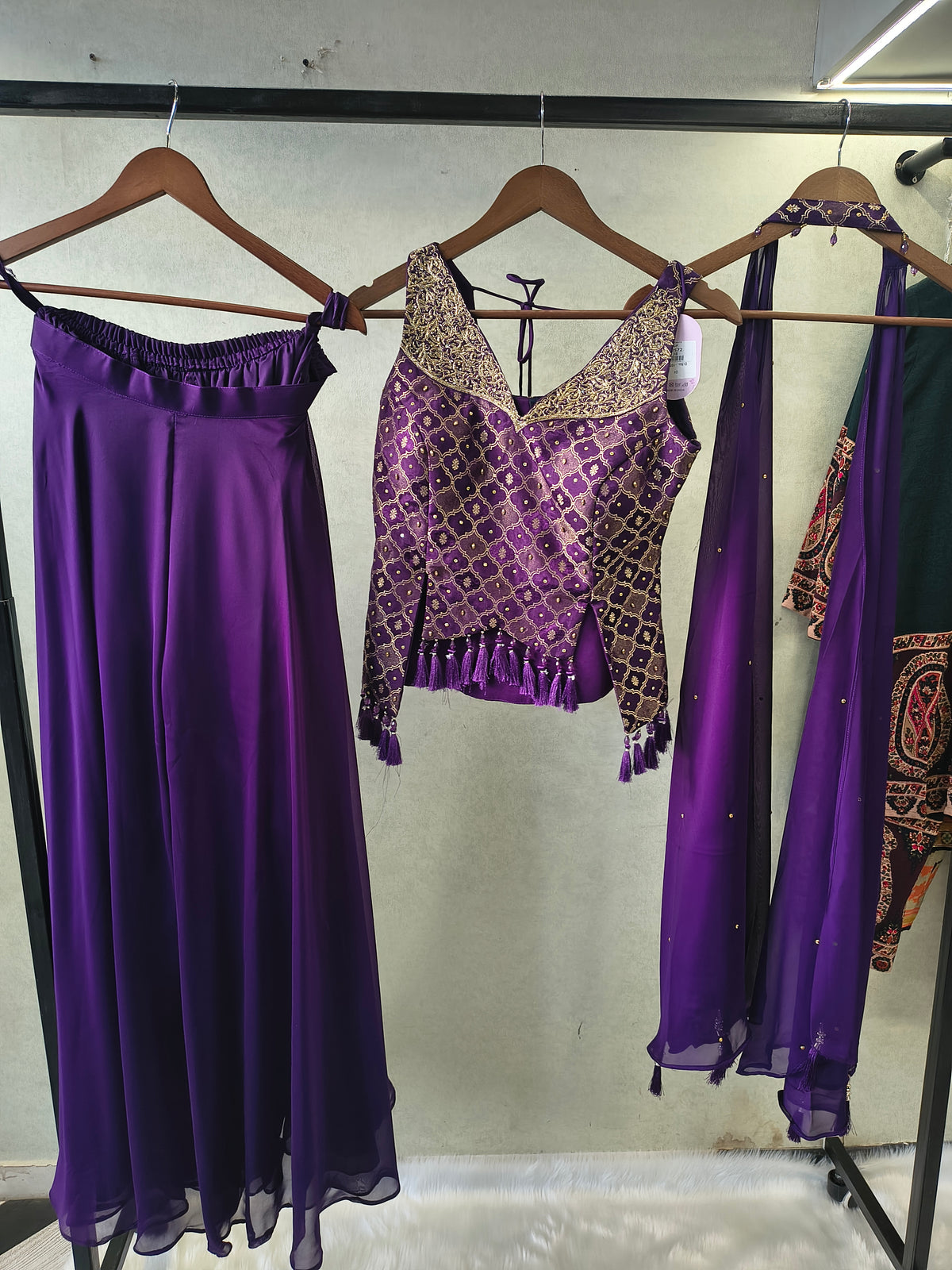 Royal Purple Brocade Blouse with Flared Palazzo & Embellished Choker Dupatta – 3 Piece Designer Indo-Western Set