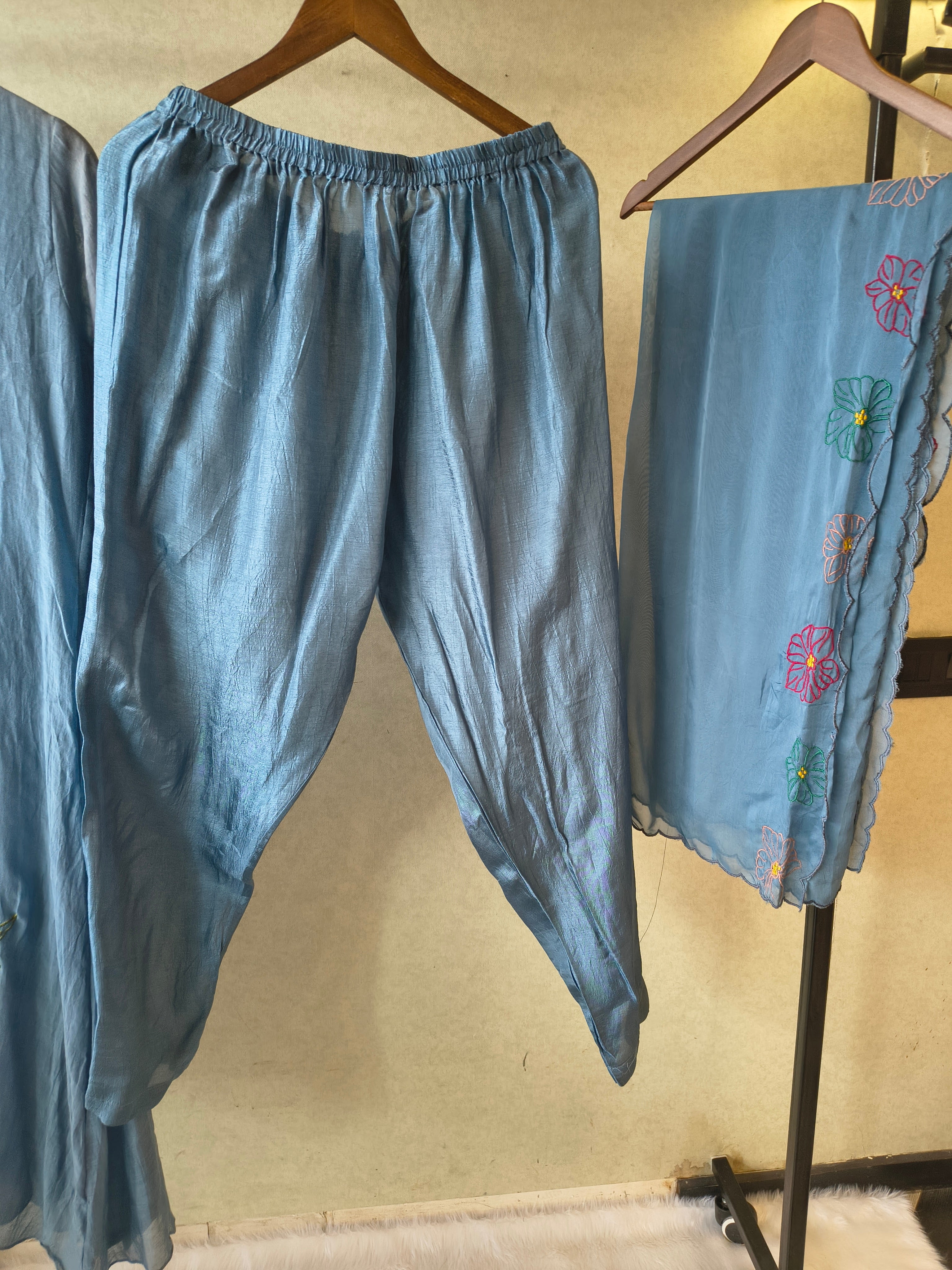 Image of Premium Steel Blue Embroidered Straight Kurta with Dhoti Pants & Embroidered Organza Dupatta Set
