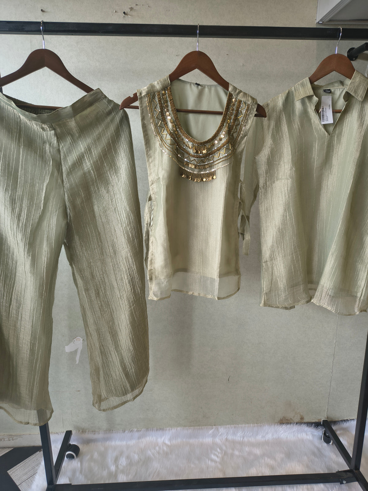 Premium Sage Grey Tissue Silk 3-Piece Co-Ord Set with Antique Hand Embellished Jacket, Inner & Palazzo