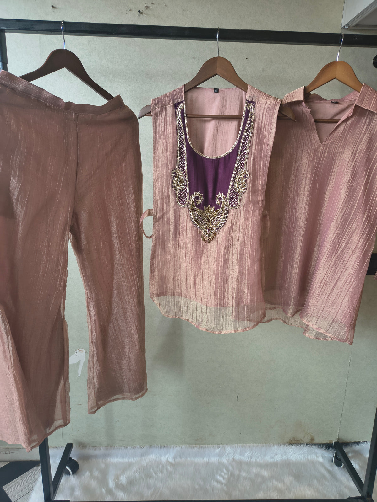 Premium Champagne Tissue Silk Embroidered Kurta with Hand Embellished Statement Yoke