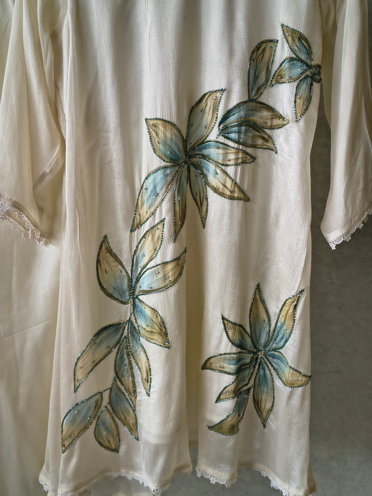 Ivory Floral Hand-Painted Three-Piece Kurta Set with Palazzo & Ombre Dupatta