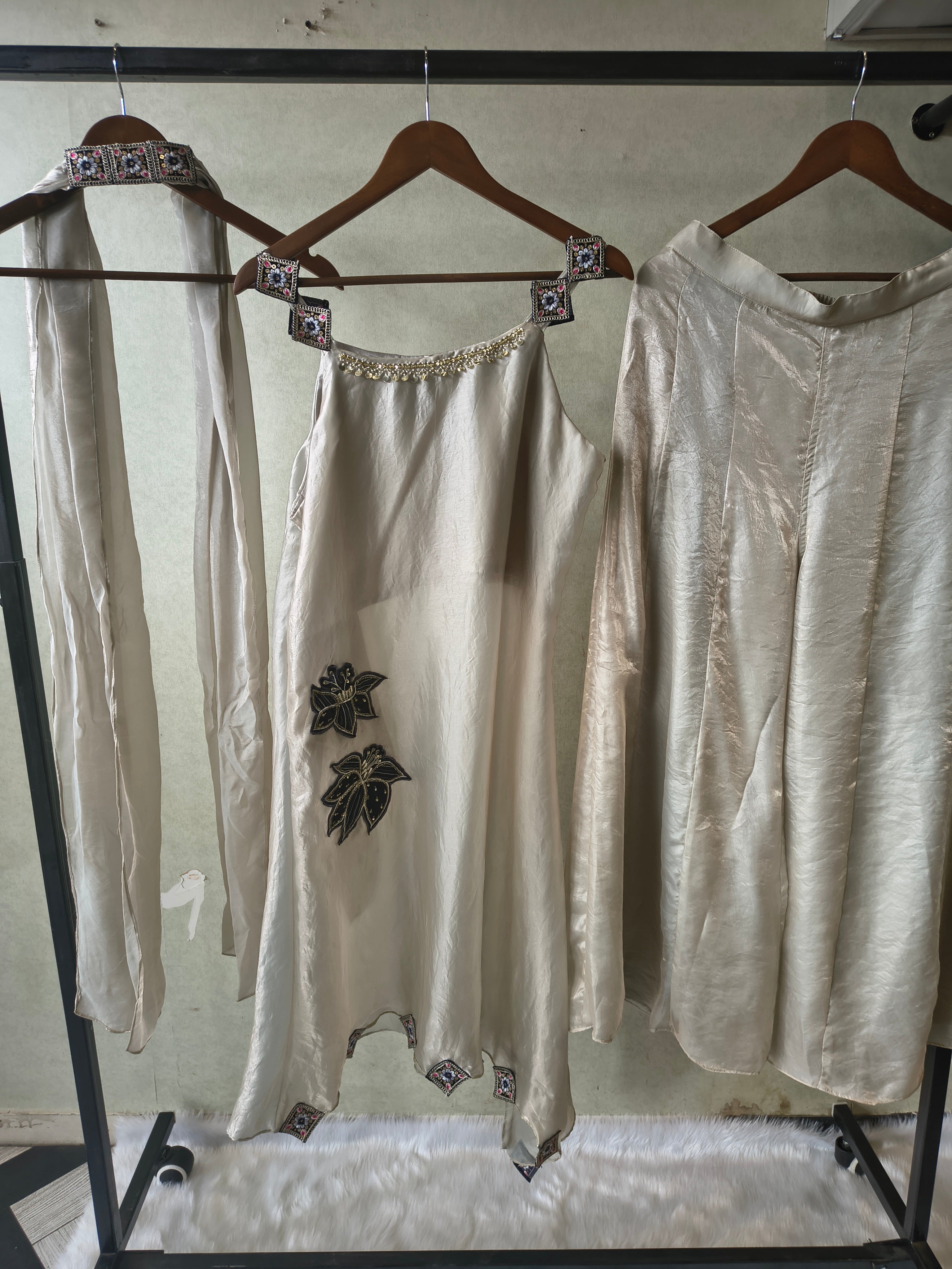 Image of Premium Ivory 3-Piece Designer Indo-Western Palazzo Set with Asymmetrical Embroidered Kurta & Statement Dupatta