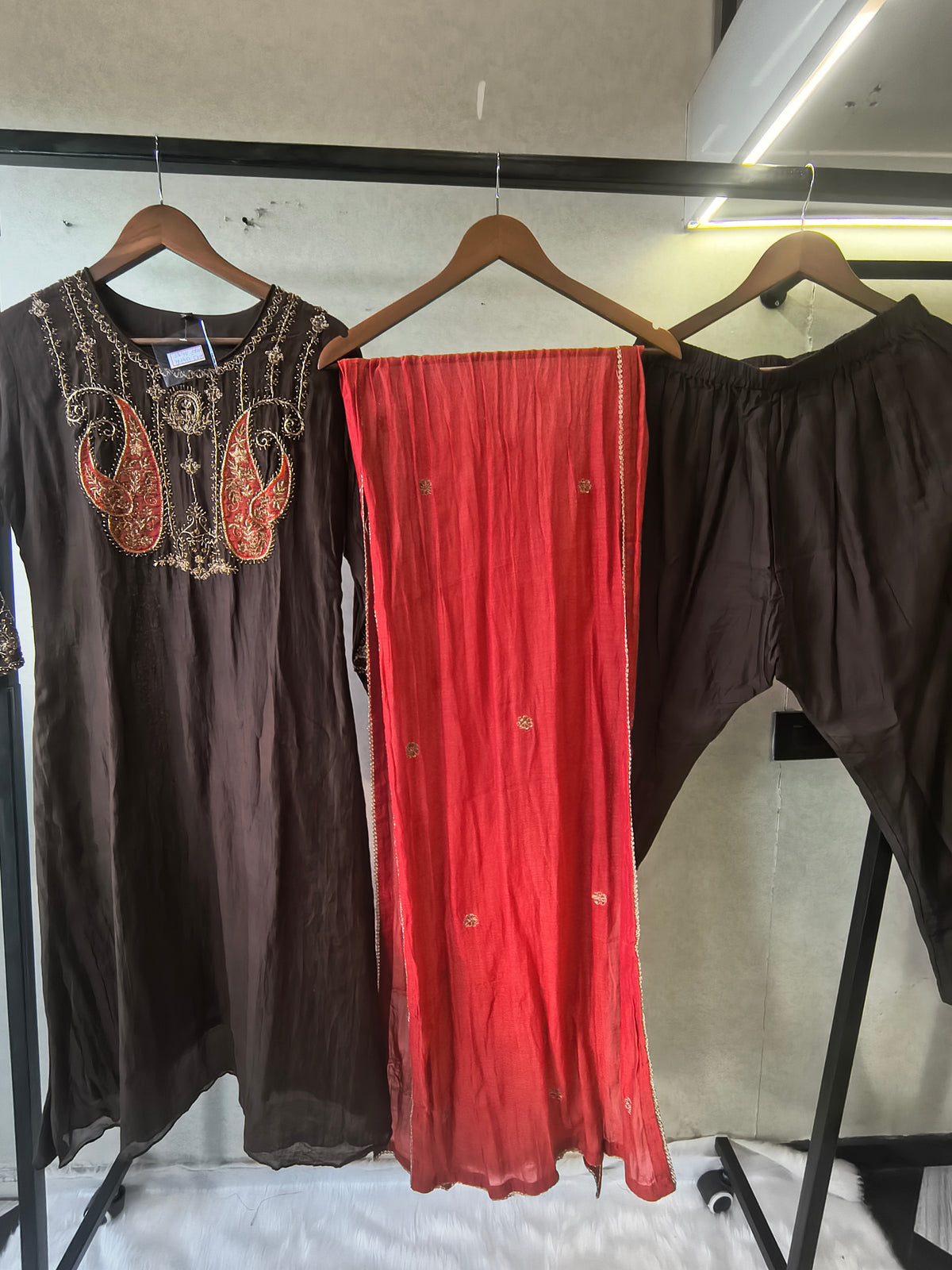 Midnight Black Embroidered Straight Kurta Set with Statement Paisley Yoke, Contrast Crimson Dupatta & Premium 3 Piece Ethnic Ensemble