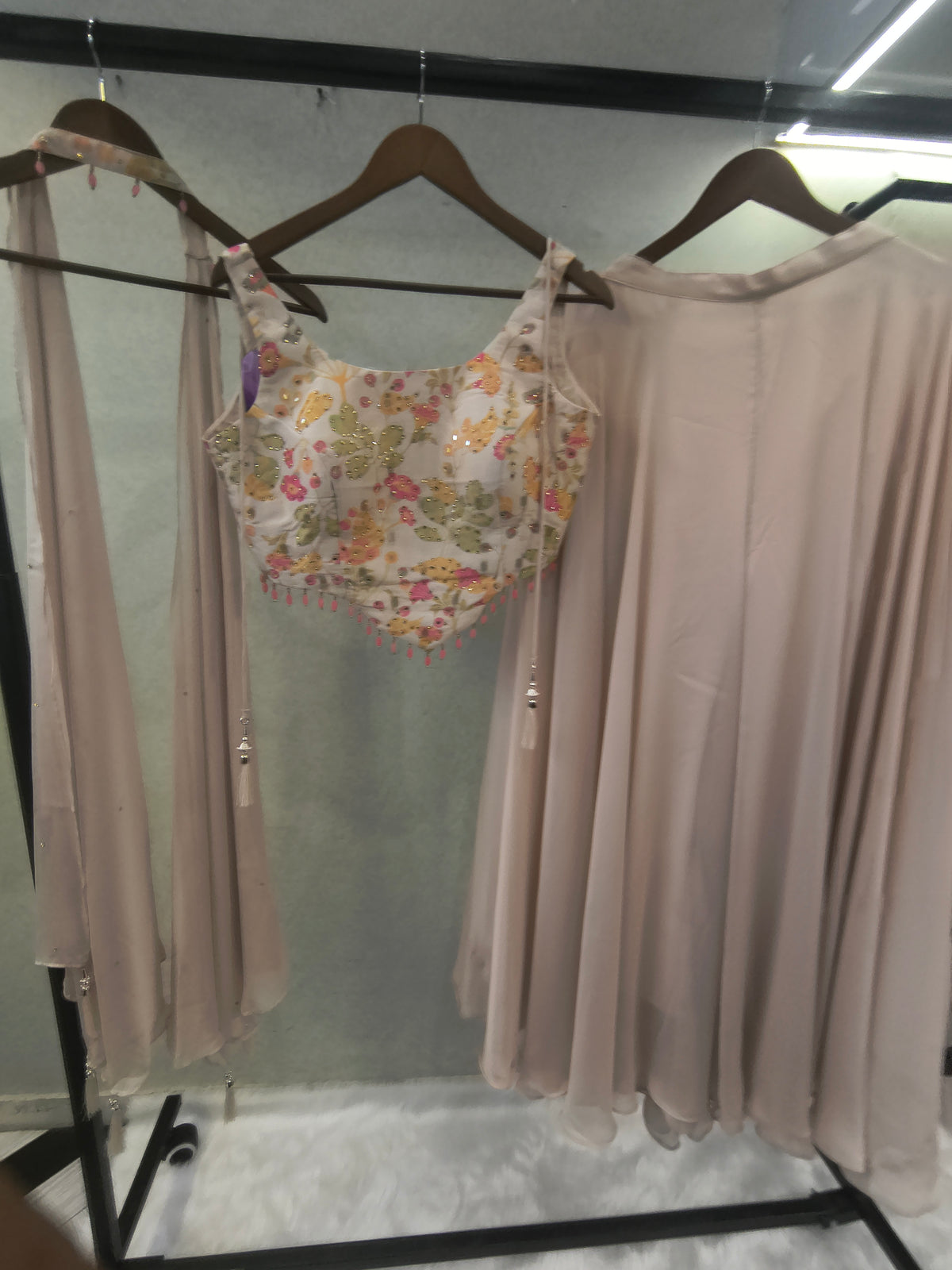 Blush Pink Floral Embroidered Blouse with Flared Palazzo & Choker Dupatta – 3 Piece Designer Indo-Western Set