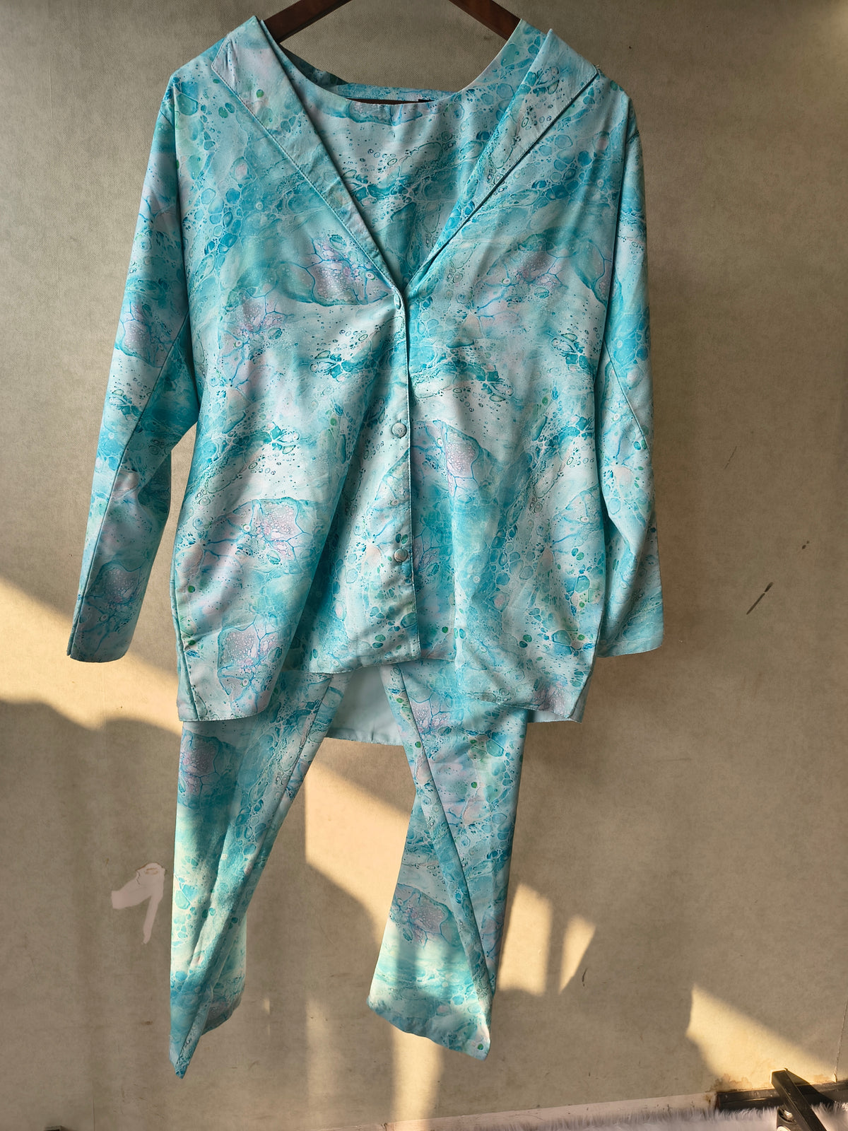 Premium Aqua Marble Print Blazer, Crop Top & Straight Pants Co-Ord Set