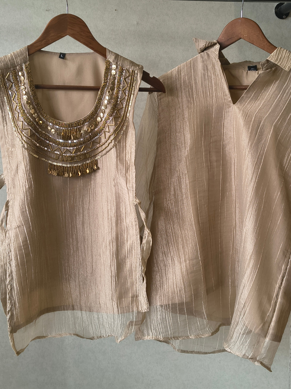 Premium Champagne Tissue Silk 3-Piece Co-Ord Set with Statement Hand Embellished Jacket, Inner & Palazzo