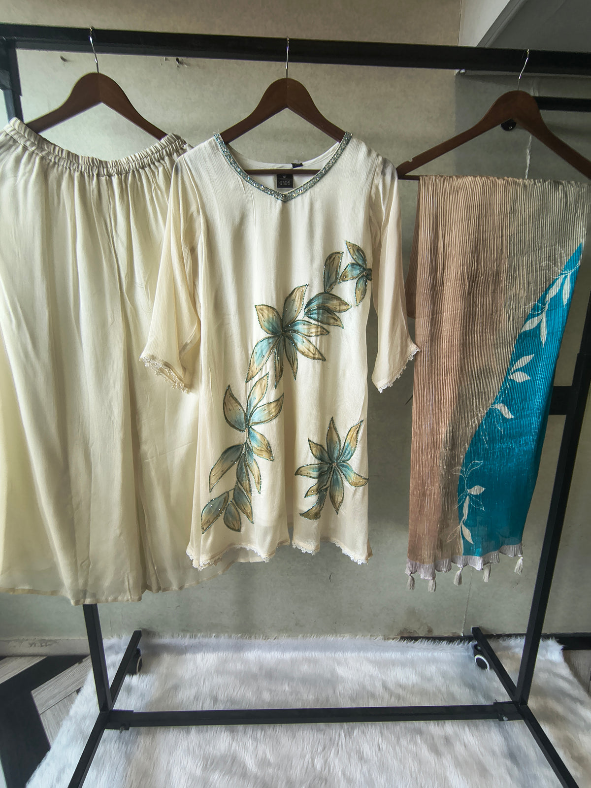 Ivory Floral Hand-Painted Three-Piece Kurta Set with Palazzo & Ombre Dupatta