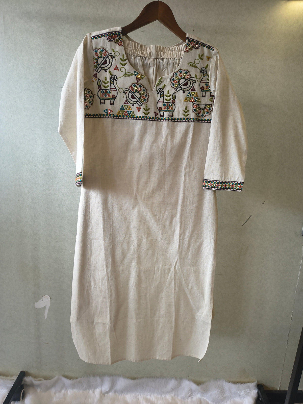 Ivory Cotton Linen Kurta Set with Multicolour Folk Embroidery & Straight Pants