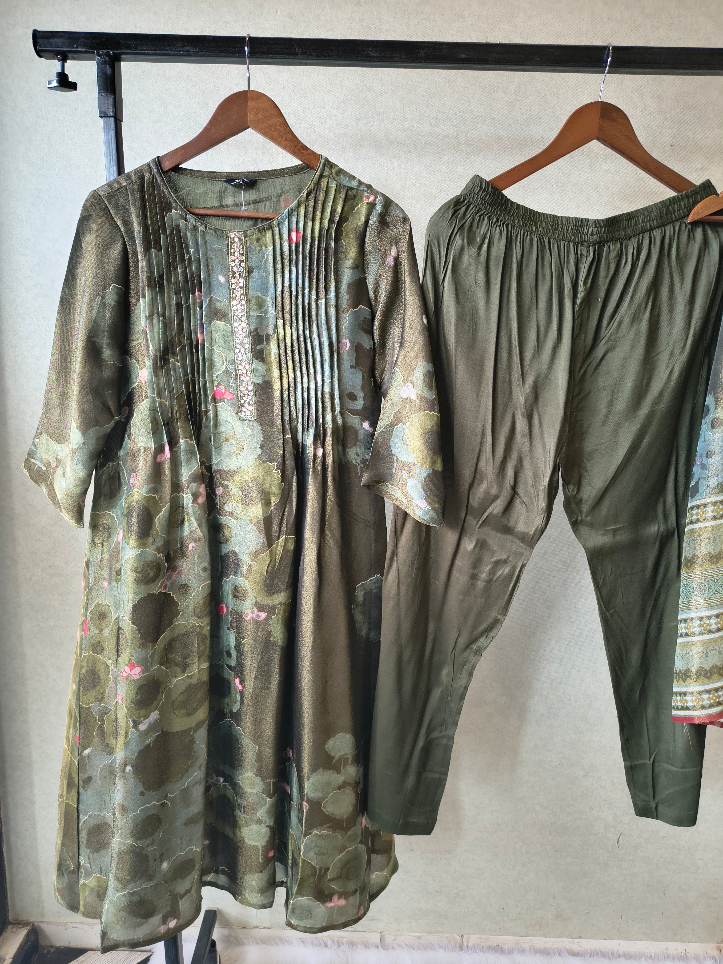 Image of Premium Olive Green Abstract Printed A-Line Kurta Set with Dupatta