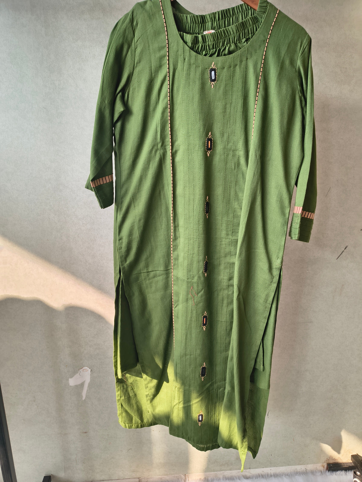 Tadko Premium Olive Green Straight Kurta Co-Ord Set with Embellished Yoke