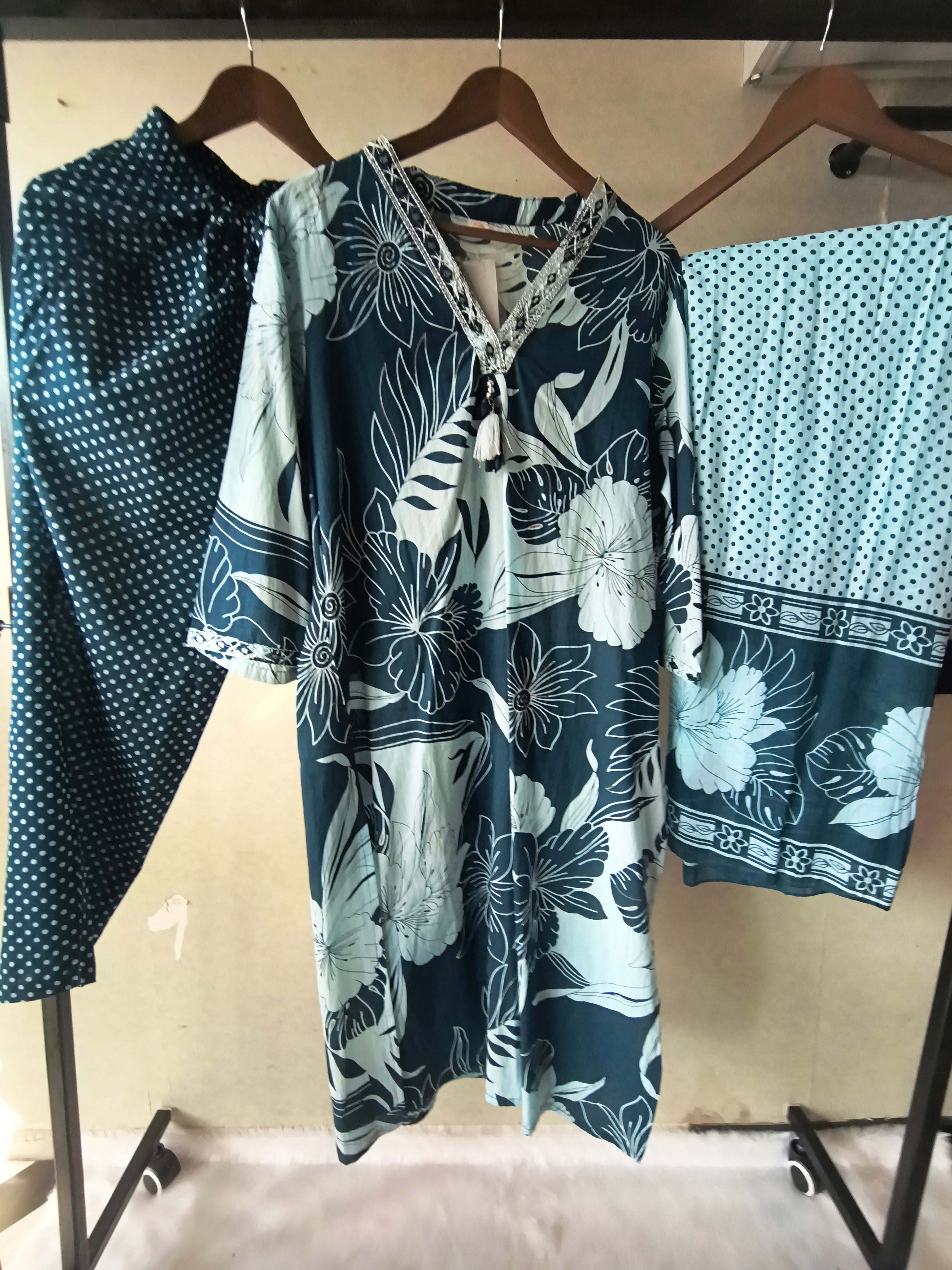 Image of Premium Navy Blue Floral Printed Kurta Set with Polka Dot Pants & Printed Dupatta