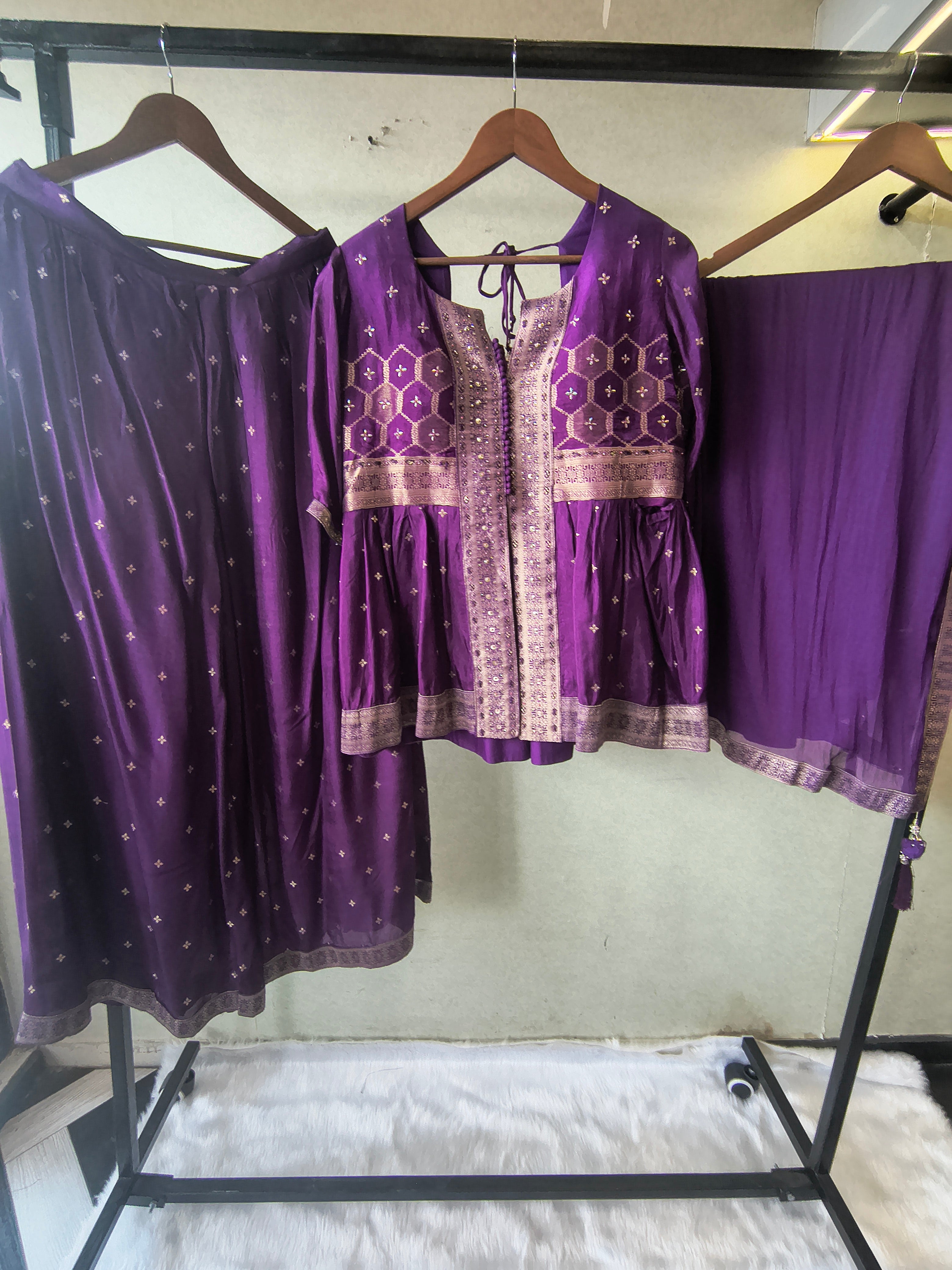 Image of Royal Purple Tissue Silk Embroidered Peplum Jacket with Flared Palazzo & Designer Dupatta – 3 Piece Festive Indo-Western Set