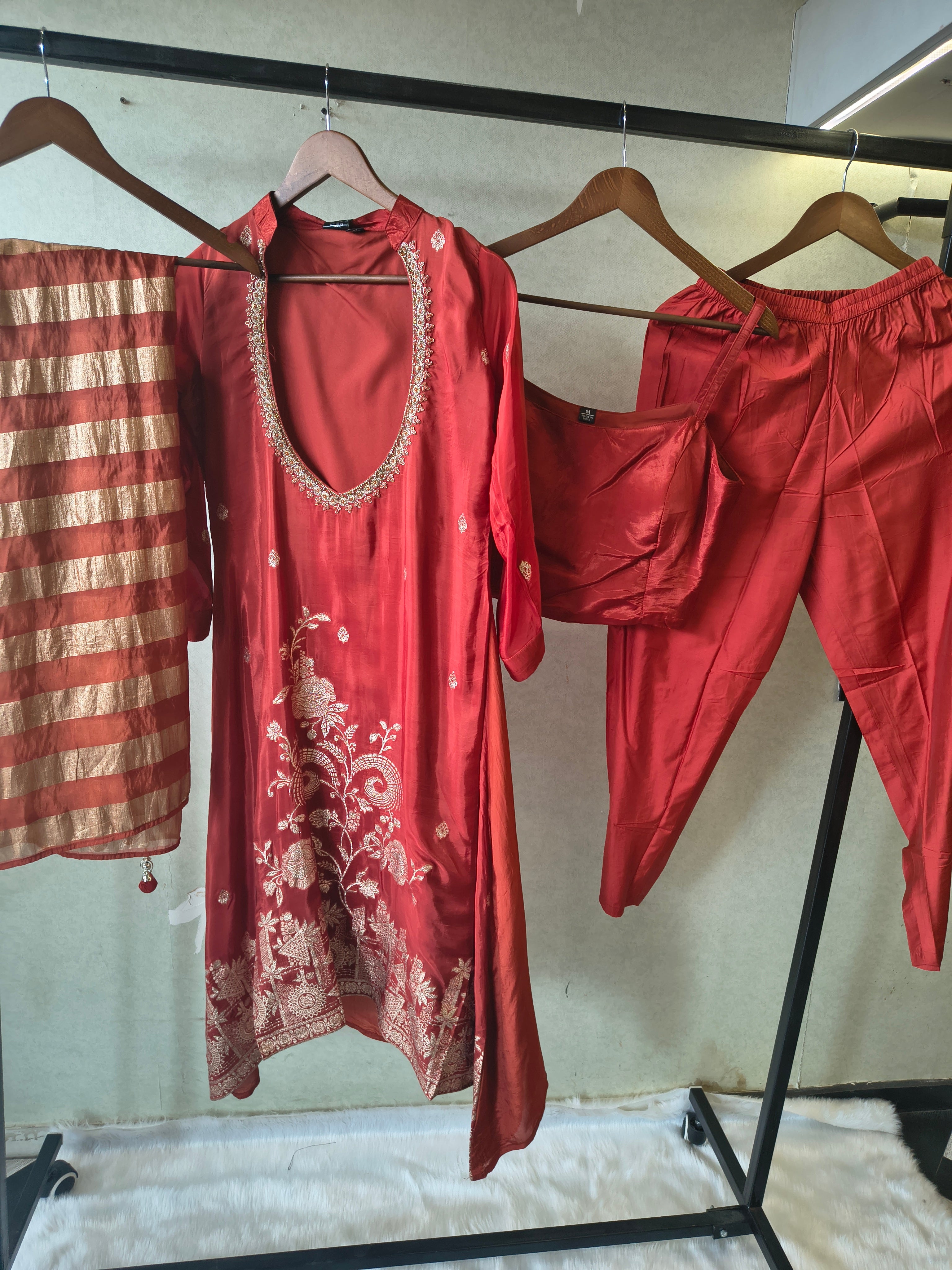 Image of Ruby Red Embroidered Asymmetrical Kurta with Inner, Cigarette Pants & Striped Dupatta – 4 Piece Designer Indo-Western Set