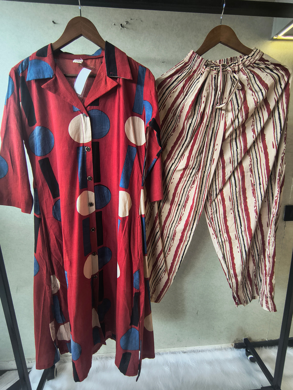Premium Rust Red Abstract Printed Shirt Kurta with Striped Relaxed Pants Co-Ord Set