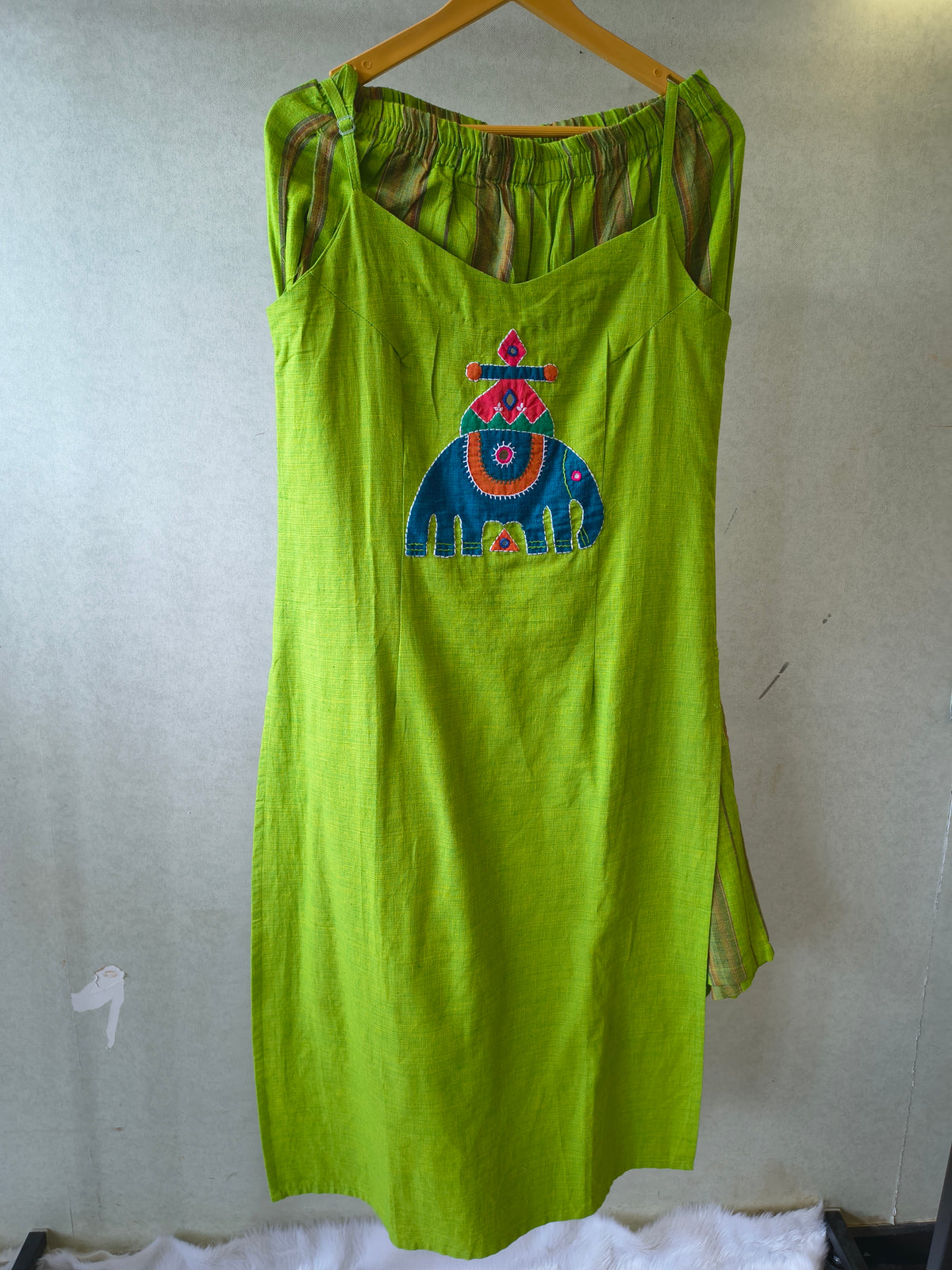 Lime Green Sleeveless Cotton Kurta Set with Tribal Elephant Appliqué & Striped Straight Pants