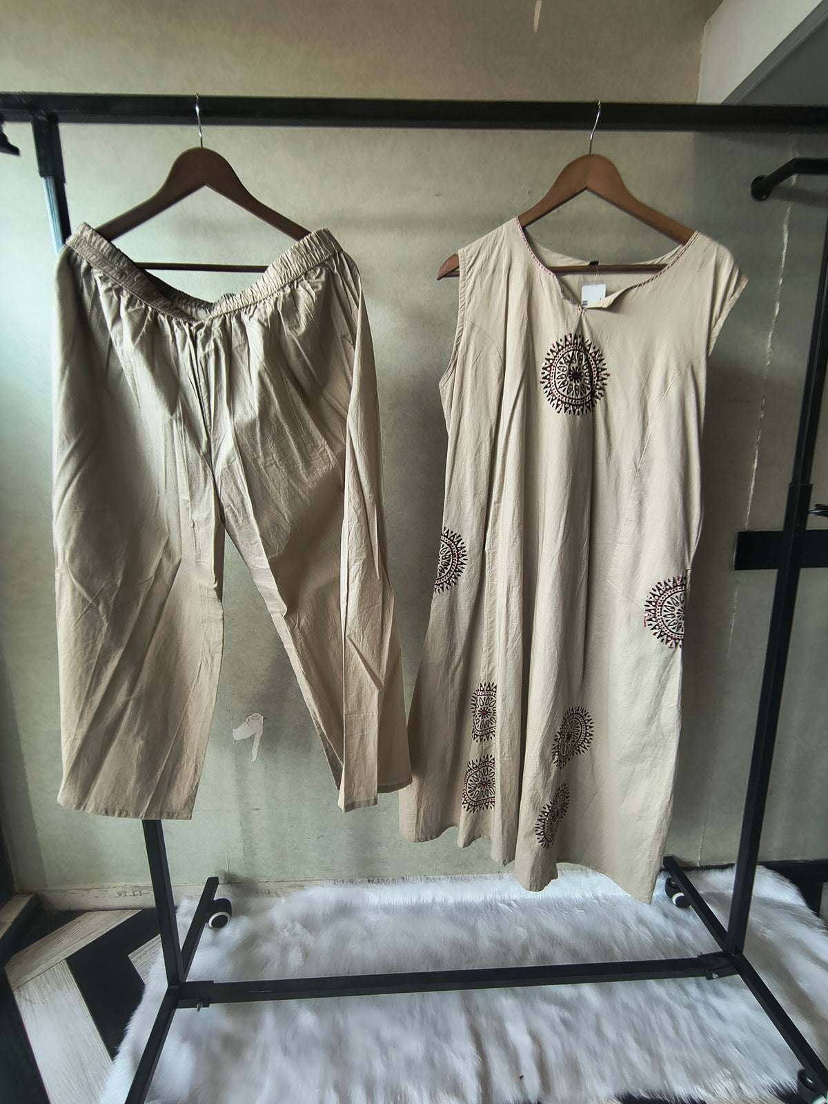 Premium Beige Hand Block Motif A-Line Kurta Set with Straight Pants