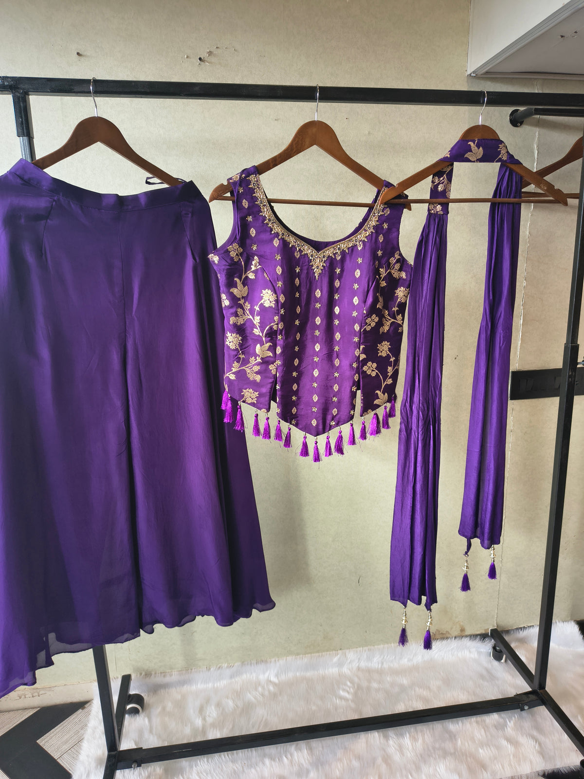 Premium Royal Purple 3-Piece Designer Lehenga Set with Zari Embroidered Peplum Blouse & Dupatta
