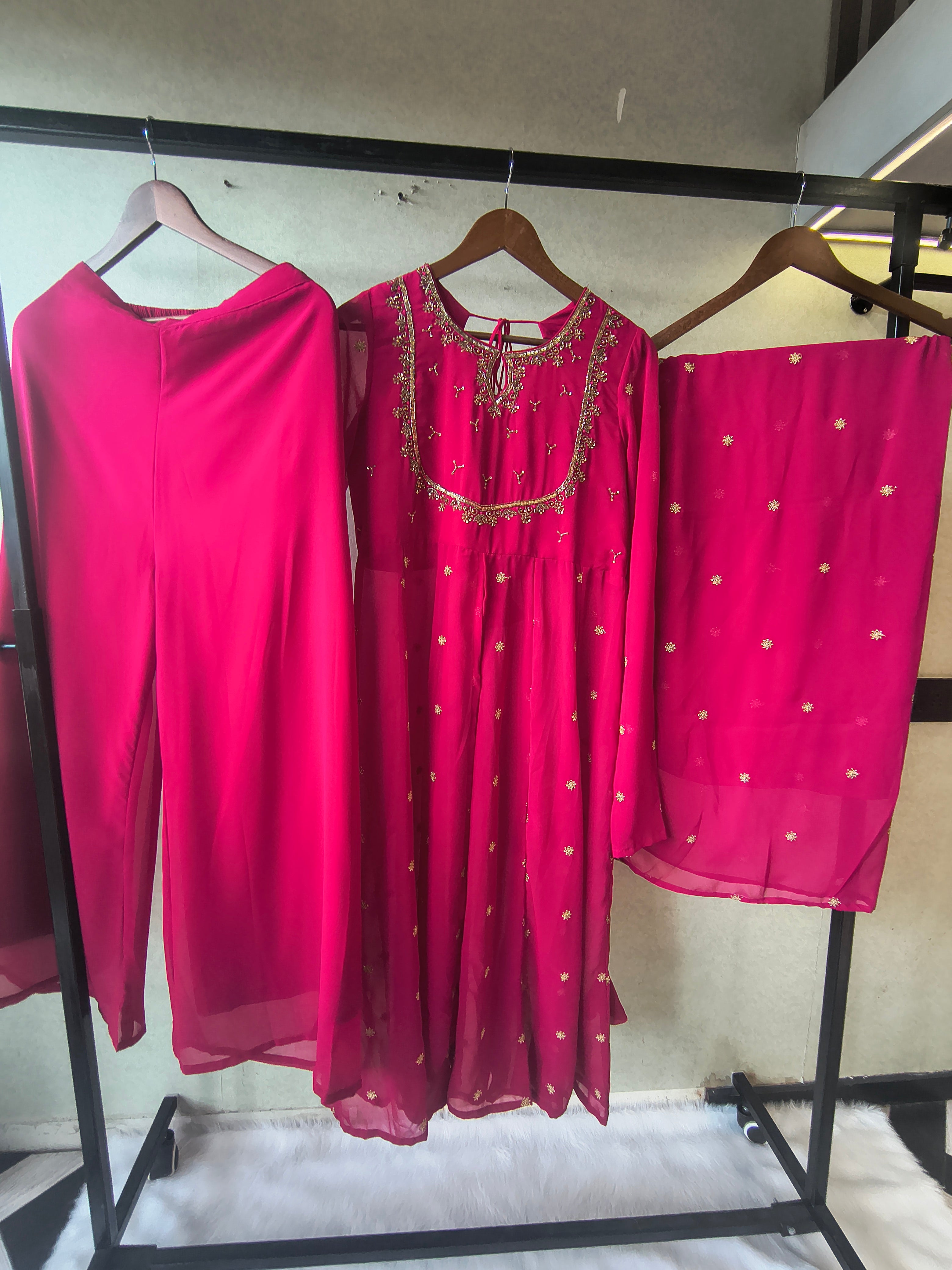 Image of Premium Fuchsia Pink Embroidered Kurta with Sharara & Embellished Dupatta Set