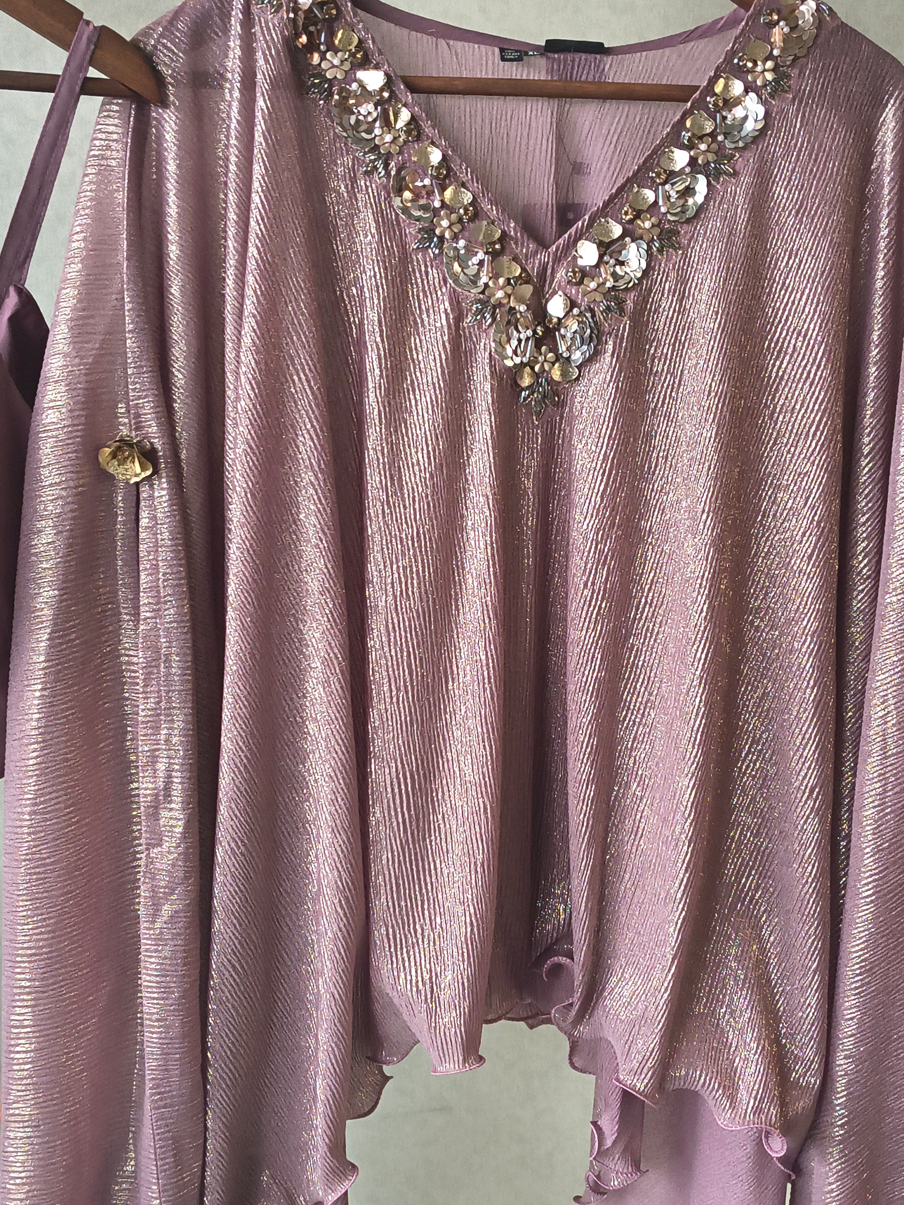 Image of Premium Rose Gold Shimmer Kaftan Co-Ord Set with Hand Embellished Cape & Straight Pants